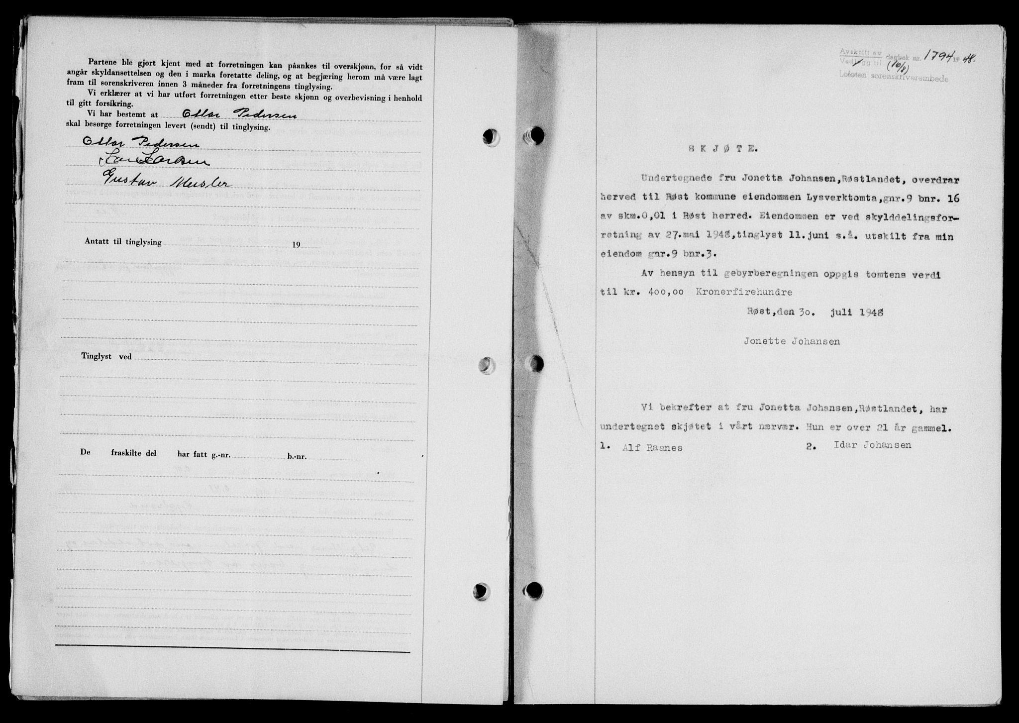 Lofoten sorenskriveri, SAT/A-0017/1/2/2C/L0019a: Pantebok nr. 19a, 1948-1948, Dagboknr: 1794/1948