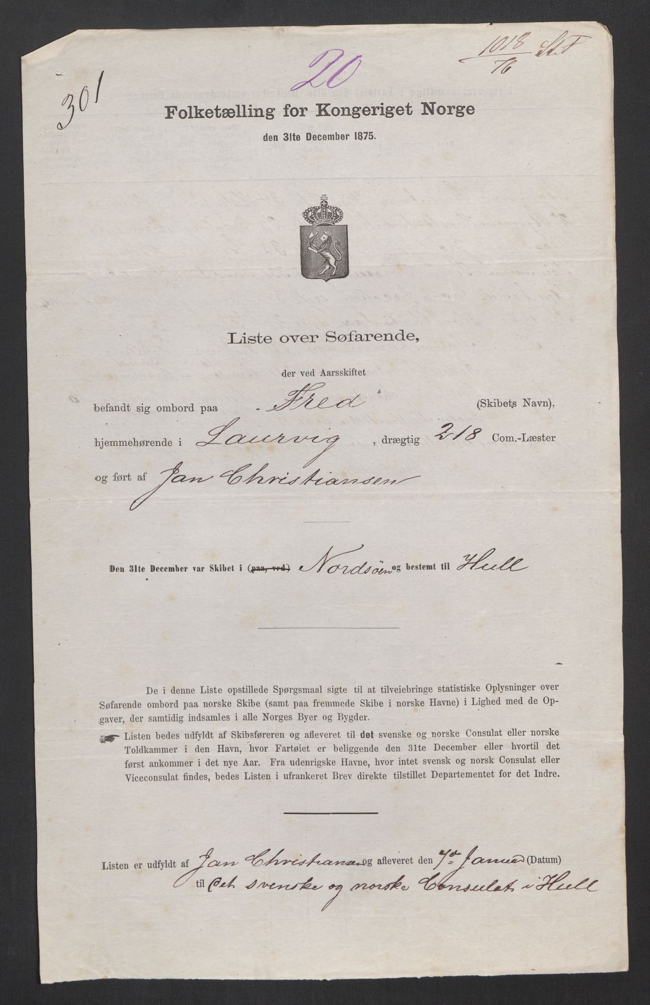 RA, Folketelling 1875, skipslister: Skip i utenrikske havner, hjemmehørende i byer og ladesteder, Fredrikshald - Arendal, 1875, s. 618