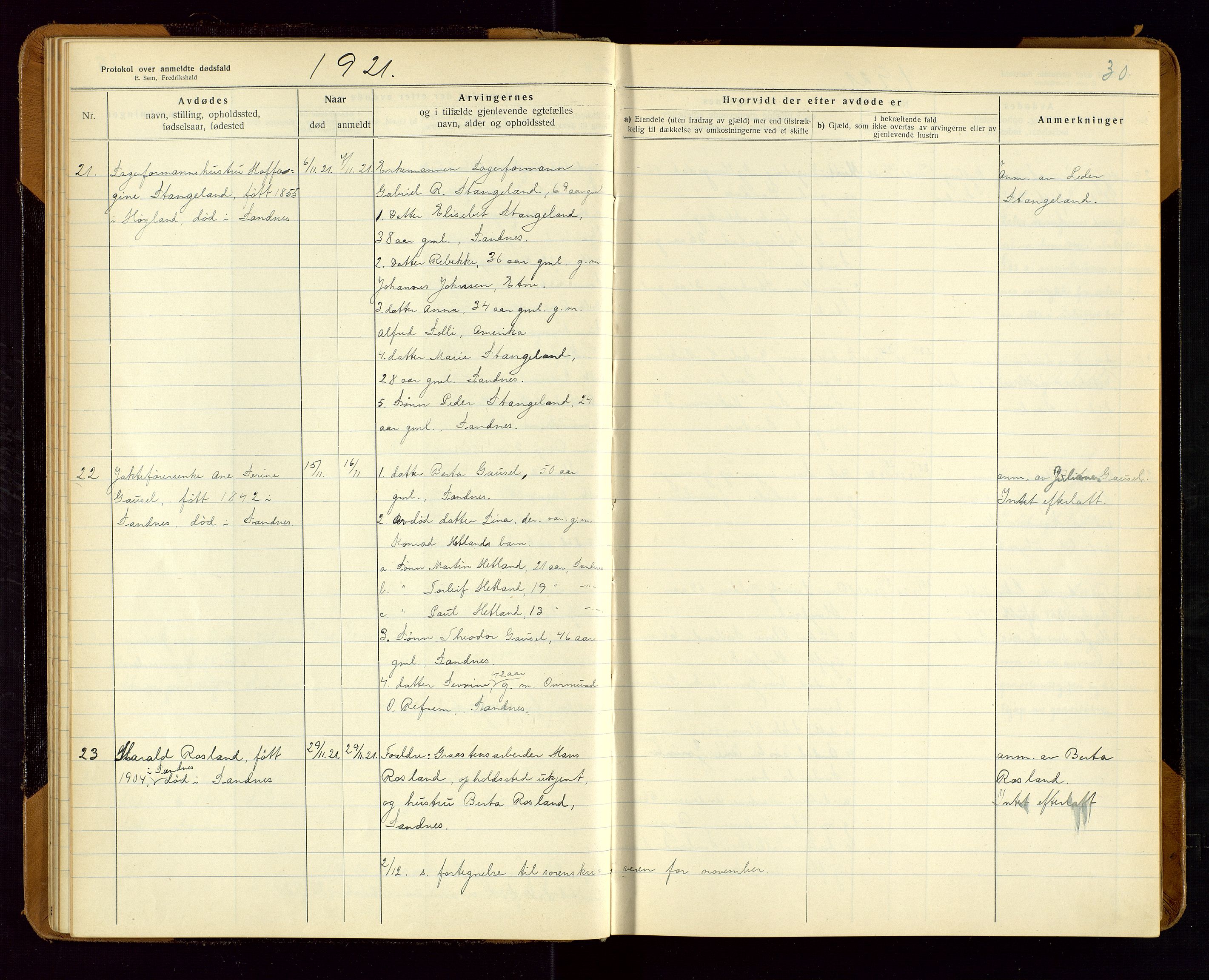 Sandnes lensmannskontor, SAST/A-100167/Gga/L0001: "Protokol over anmeldte dødsfald" m/register, 1918-1940, s. 30