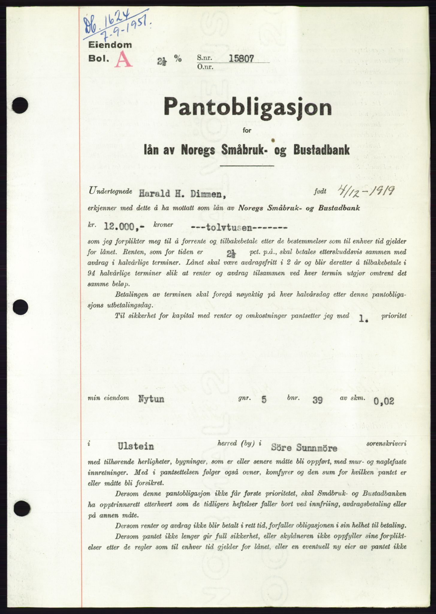 Søre Sunnmøre sorenskriveri, SAT/A-4122/1/2/2C/L0120: Pantebok nr. 8B, 1951-1951, Dagboknr: 1624/1951