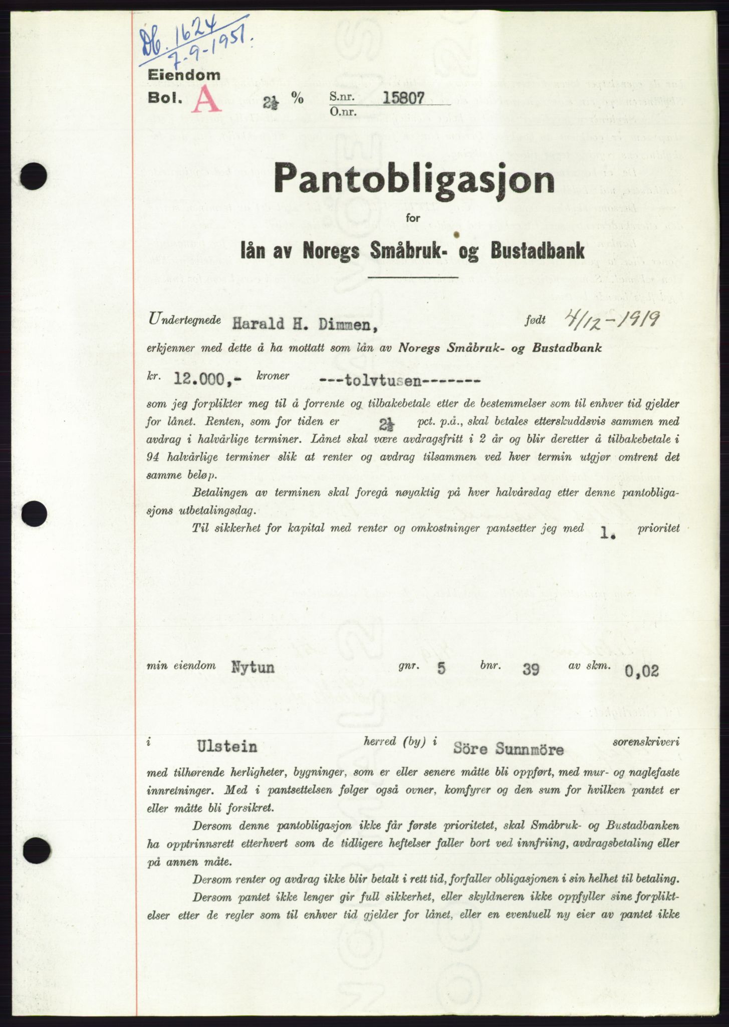 Søre Sunnmøre sorenskriveri, AV/SAT-A-4122/1/2/2C/L0120: Pantebok nr. 8B, 1951-1951, Dagboknr: 1624/1951