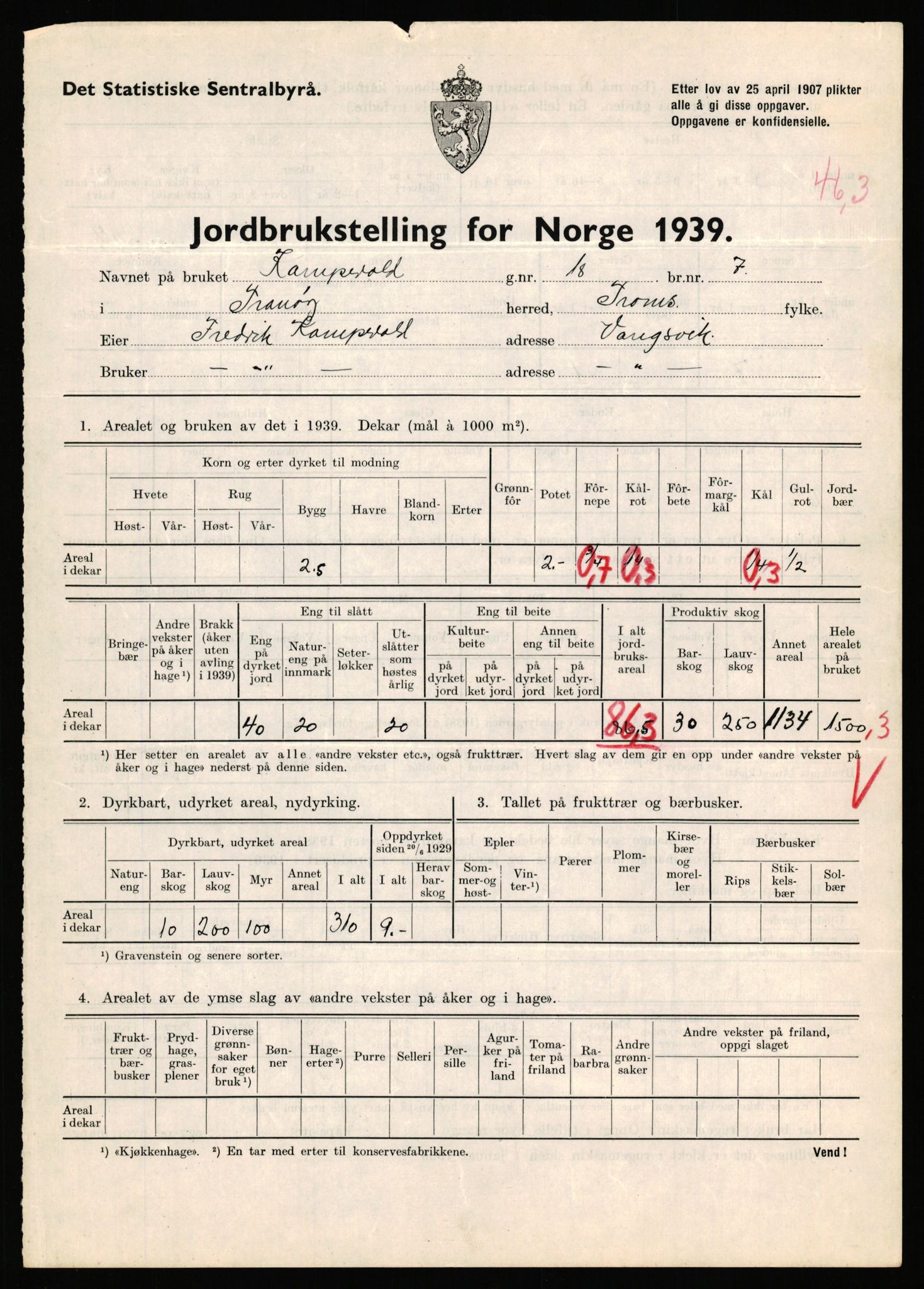 Statistisk sentralbyrå, Næringsøkonomiske emner, Jordbruk, skogbruk, jakt, fiske og fangst, AV/RA-S-2234/G/Gb/L0341: Troms: Sørreisa og Tranøy, 1939, s. 1635