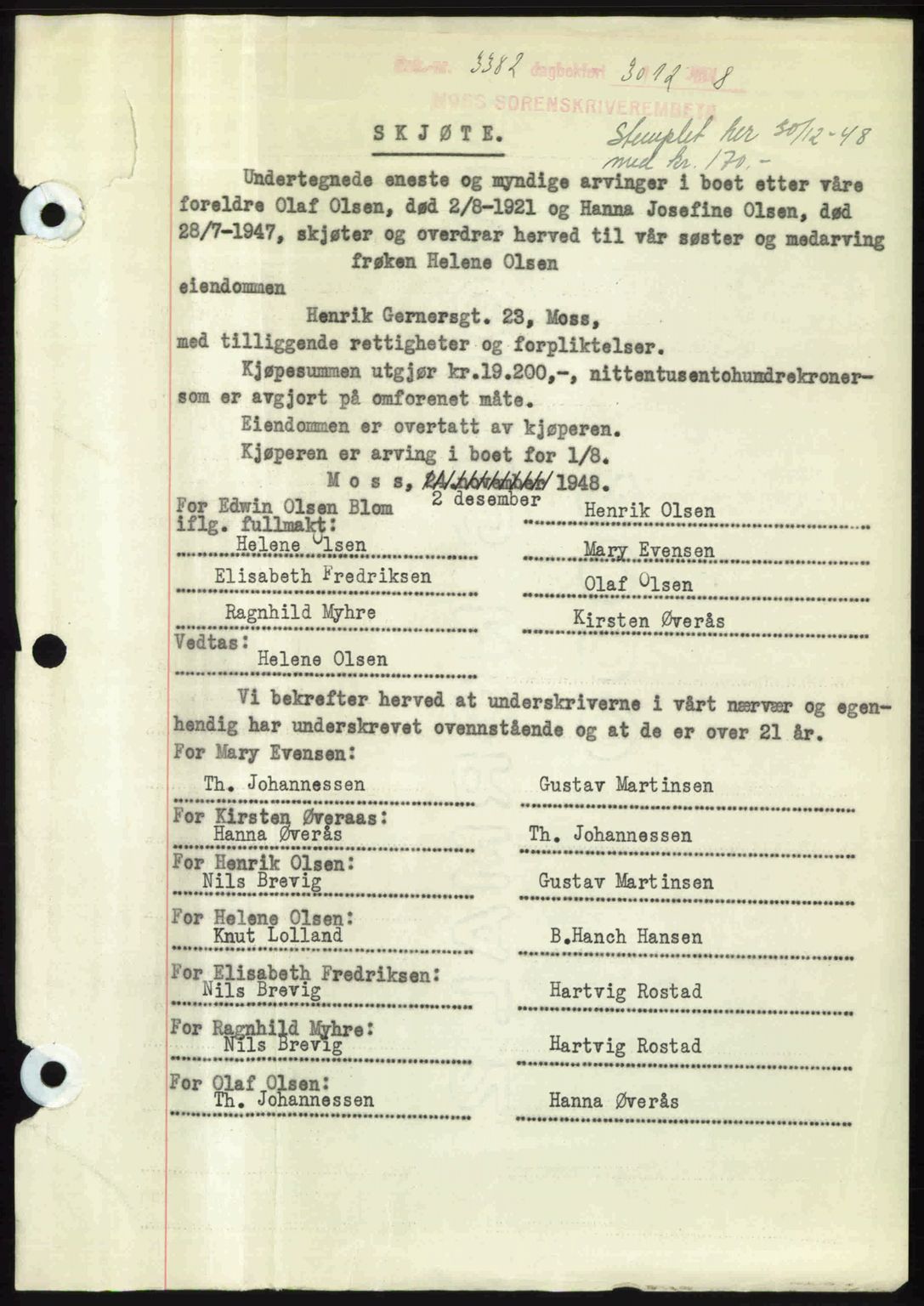 Moss sorenskriveri, SAO/A-10168: Pantebok nr. A20, 1948-1948, Dagboknr: 3382/1948