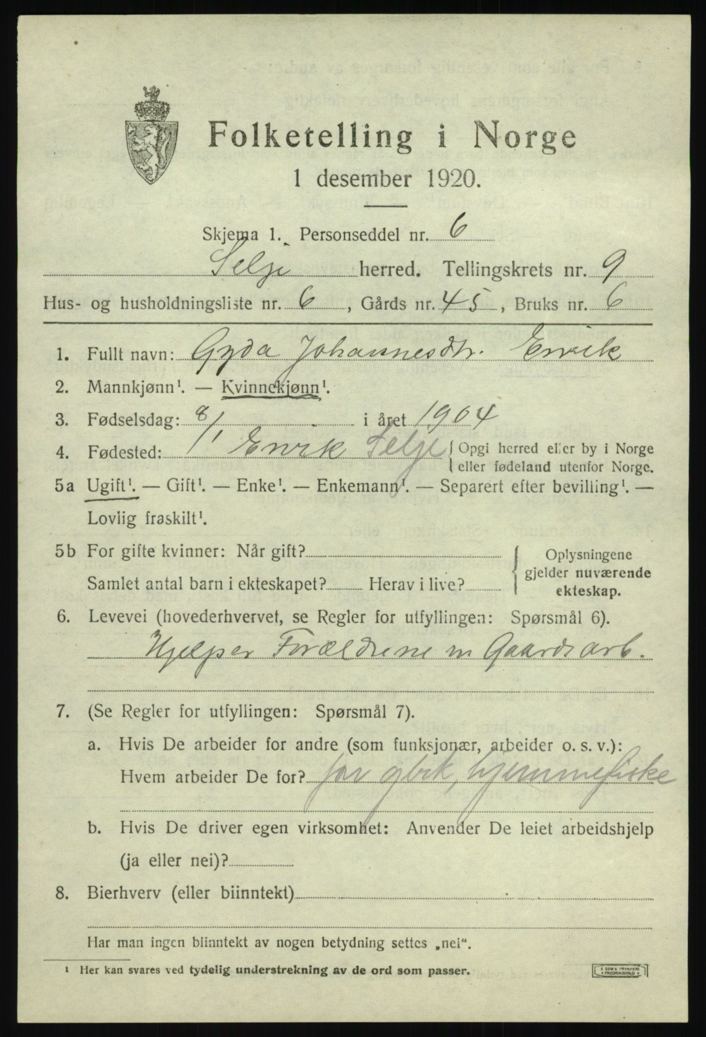 SAB, Folketelling 1920 for 1441 Selje herred, 1920, s. 4403
