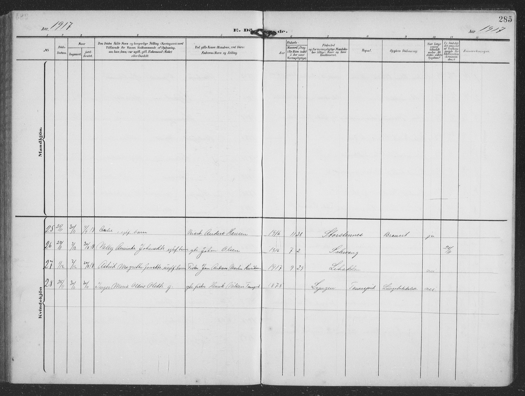 Balsfjord sokneprestembete, SATØ/S-1303/G/Ga/L0009klokker: Klokkerbok nr. 9, 1906-1920, s. 285