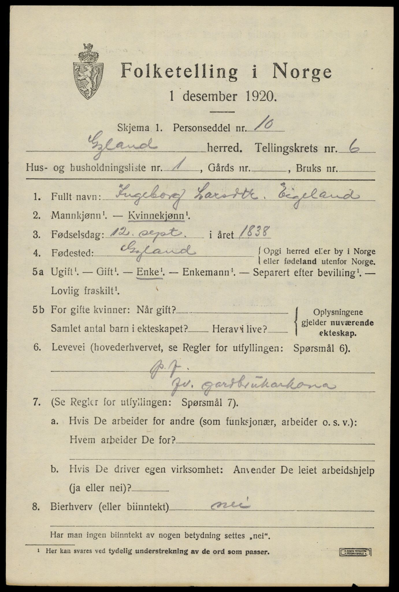 SAK, Folketelling 1920 for 1044 Gyland herred, 1920, s. 1338