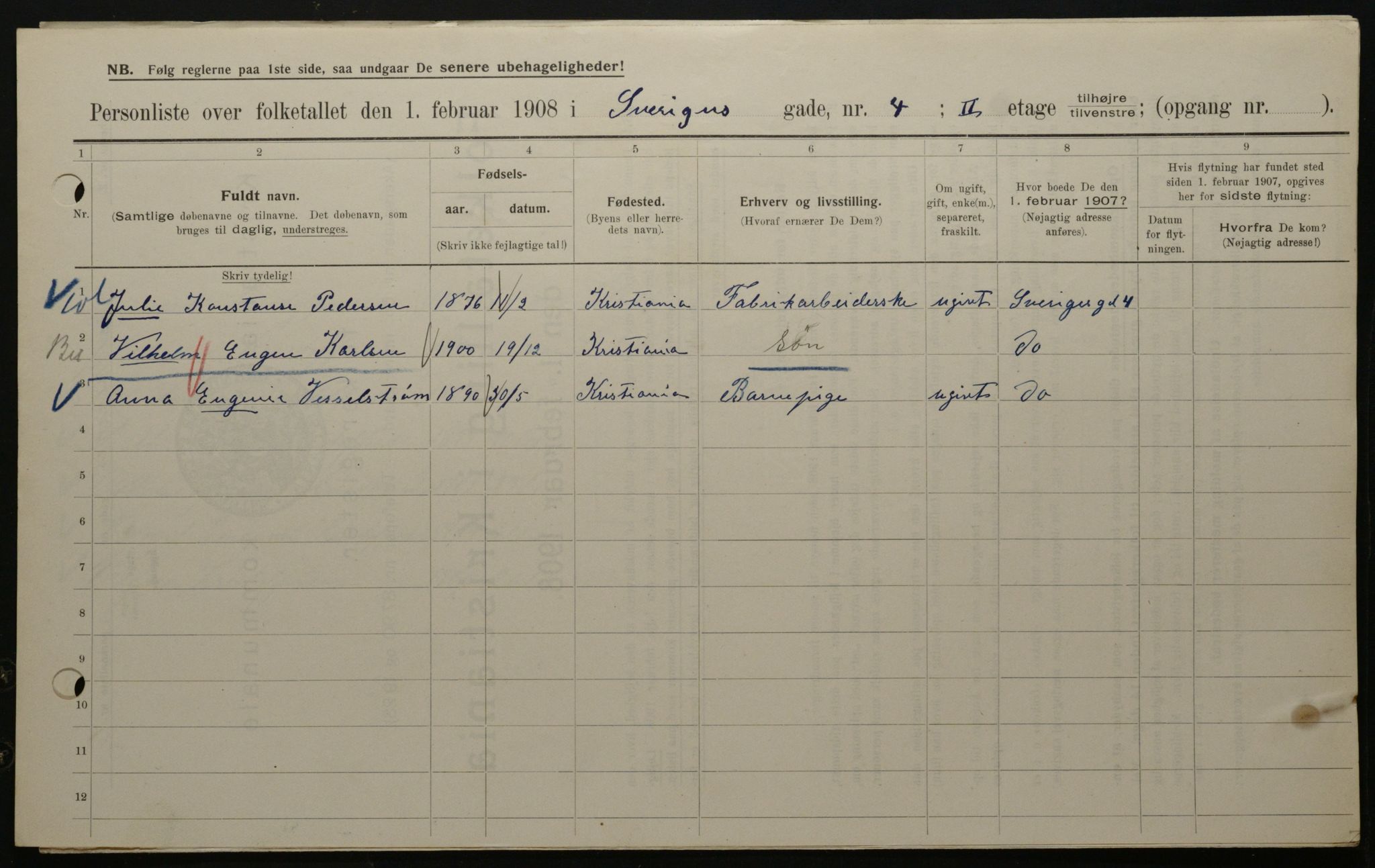 OBA, Kommunal folketelling 1.2.1908 for Kristiania kjøpstad, 1908, s. 95139