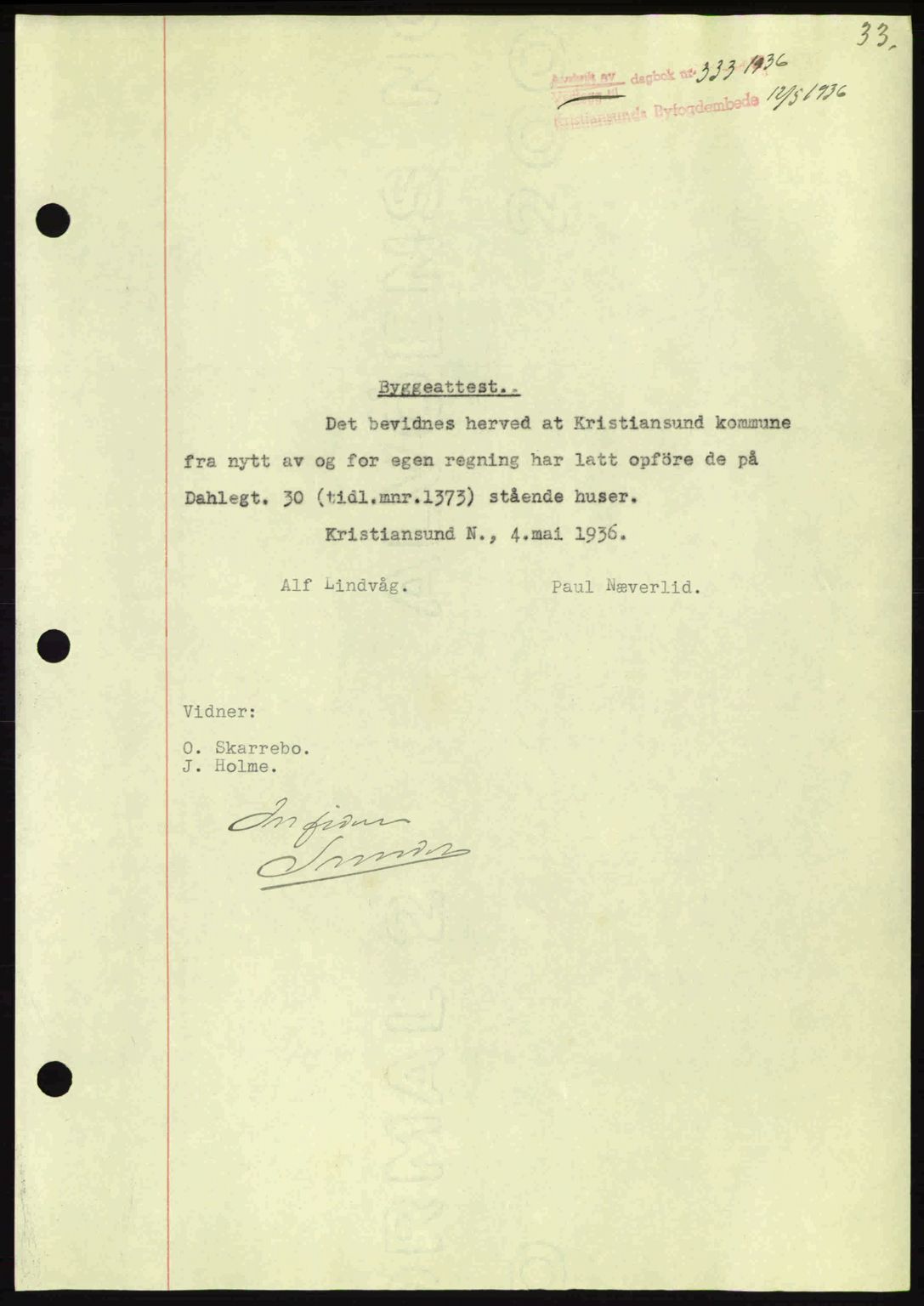 Kristiansund byfogd, AV/SAT-A-4587/A/27: Pantebok nr. 29, 1936-1937, Dagboknr: 333/1936