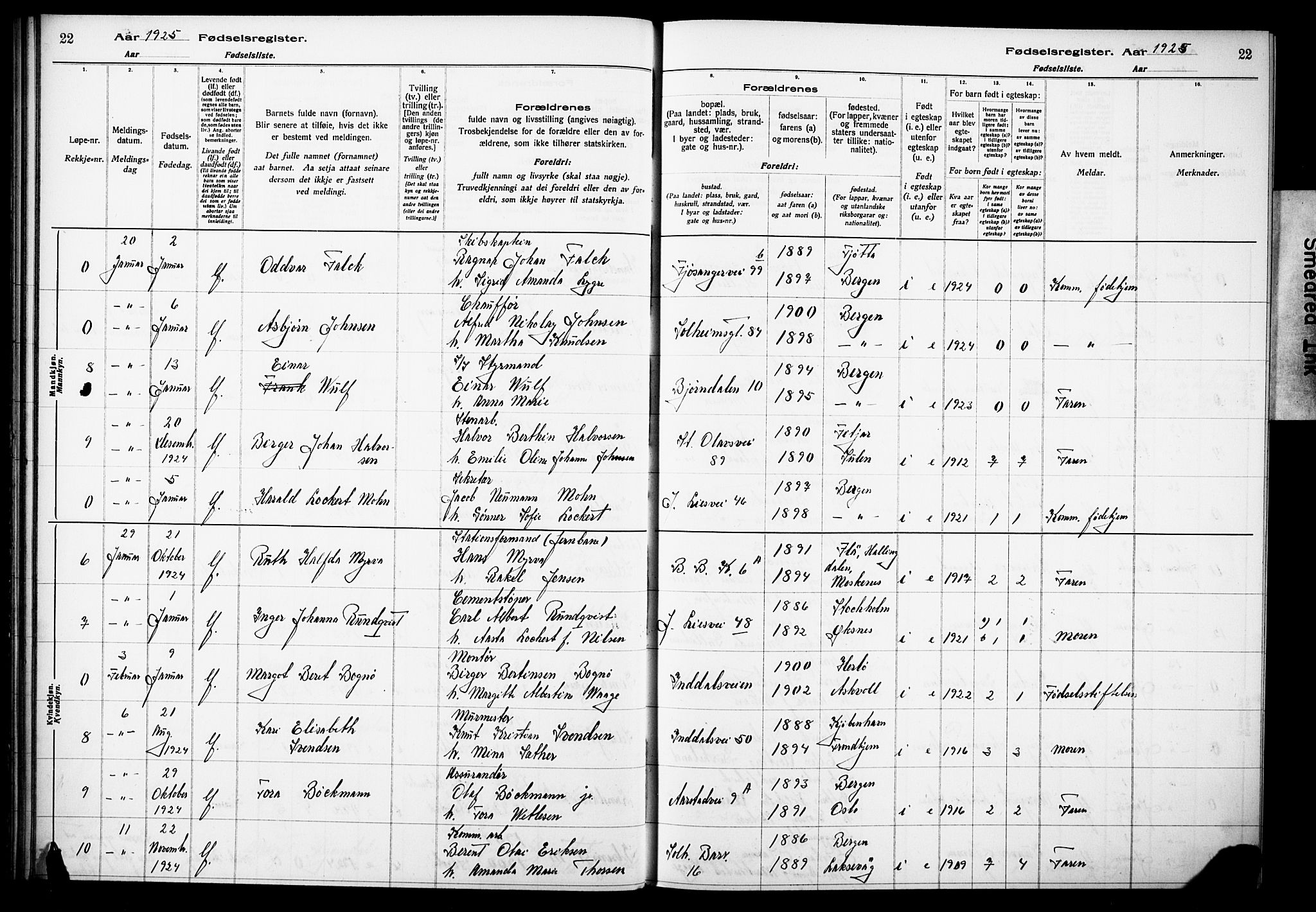 Årstad Sokneprestembete, AV/SAB-A-79301/I/Id/L0A03: Fødselsregister nr. A 3, 1924-1929, s. 22