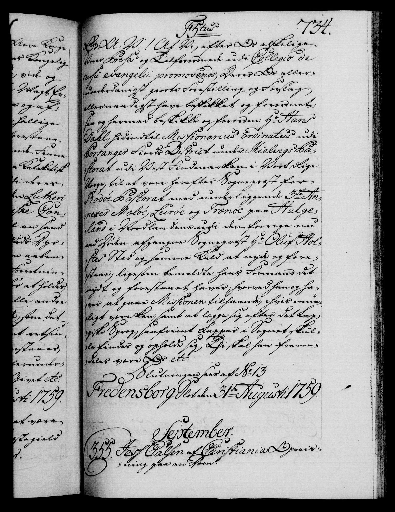Danske Kanselli 1572-1799, RA/EA-3023/F/Fc/Fca/Fcaa/L0040: Norske registre, 1757-1759, s. 734a