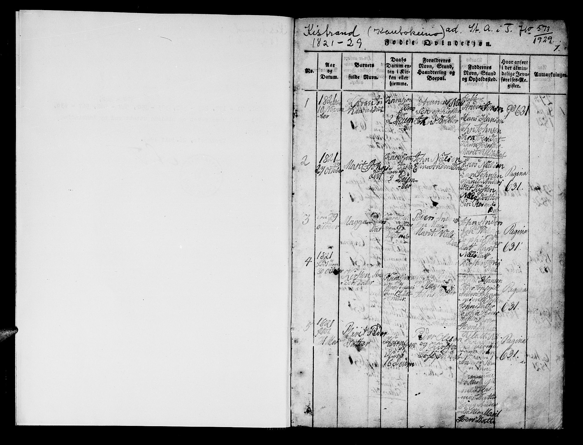 Kistrand/Porsanger sokneprestembete, AV/SATØ-S-1351/H/Hb/L0001.klokk: Klokkerbok nr. 1, 1821-1829, s. 1