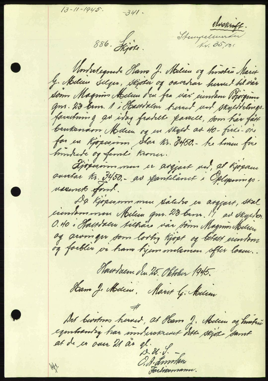 Gauldal sorenskriveri, SAT/A-0014/1/2/2C: Pantebok nr. A1a, 1945-1945, Dagboknr: 886/1945