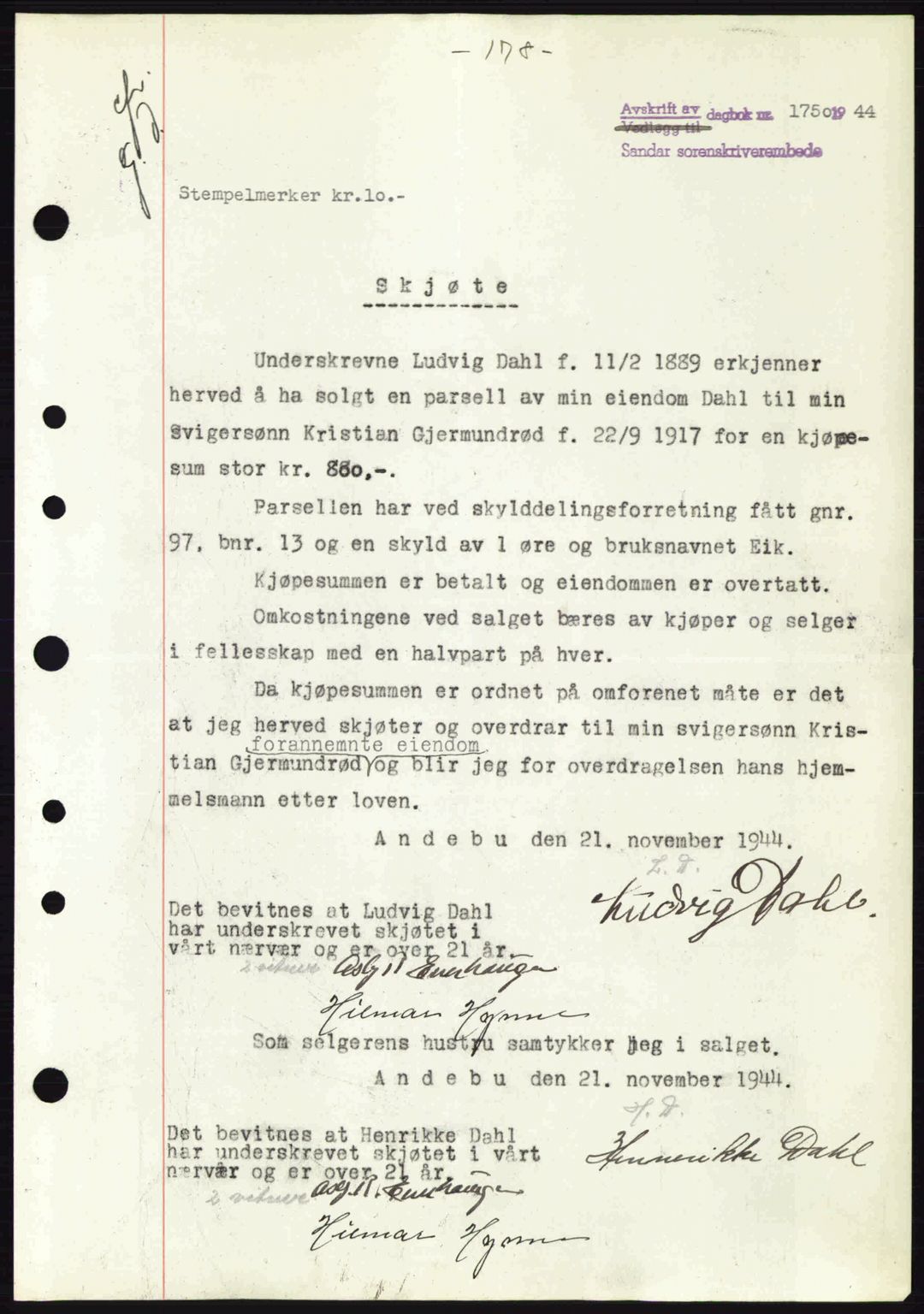 Jarlsberg sorenskriveri, SAKO/A-131/G/Ga/Gaa/L0016: Pantebok nr. A-16, 1944-1945, Dagboknr: 1750/1944