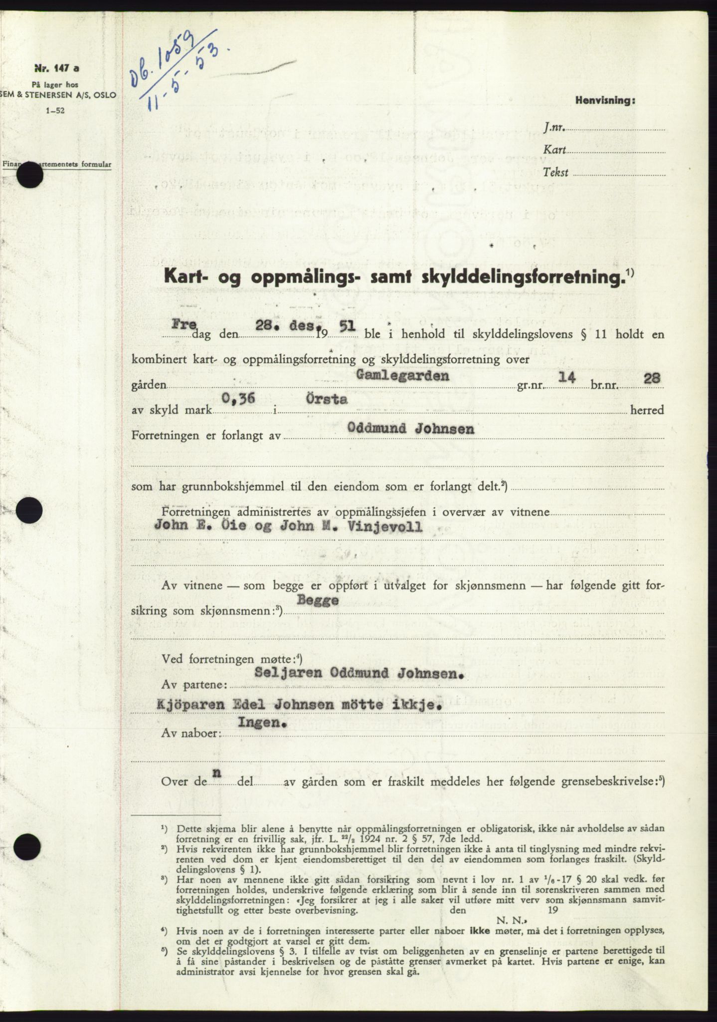 Søre Sunnmøre sorenskriveri, SAT/A-4122/1/2/2C/L0094: Pantebok nr. 20A, 1953-1953, Dagboknr: 1059/1953