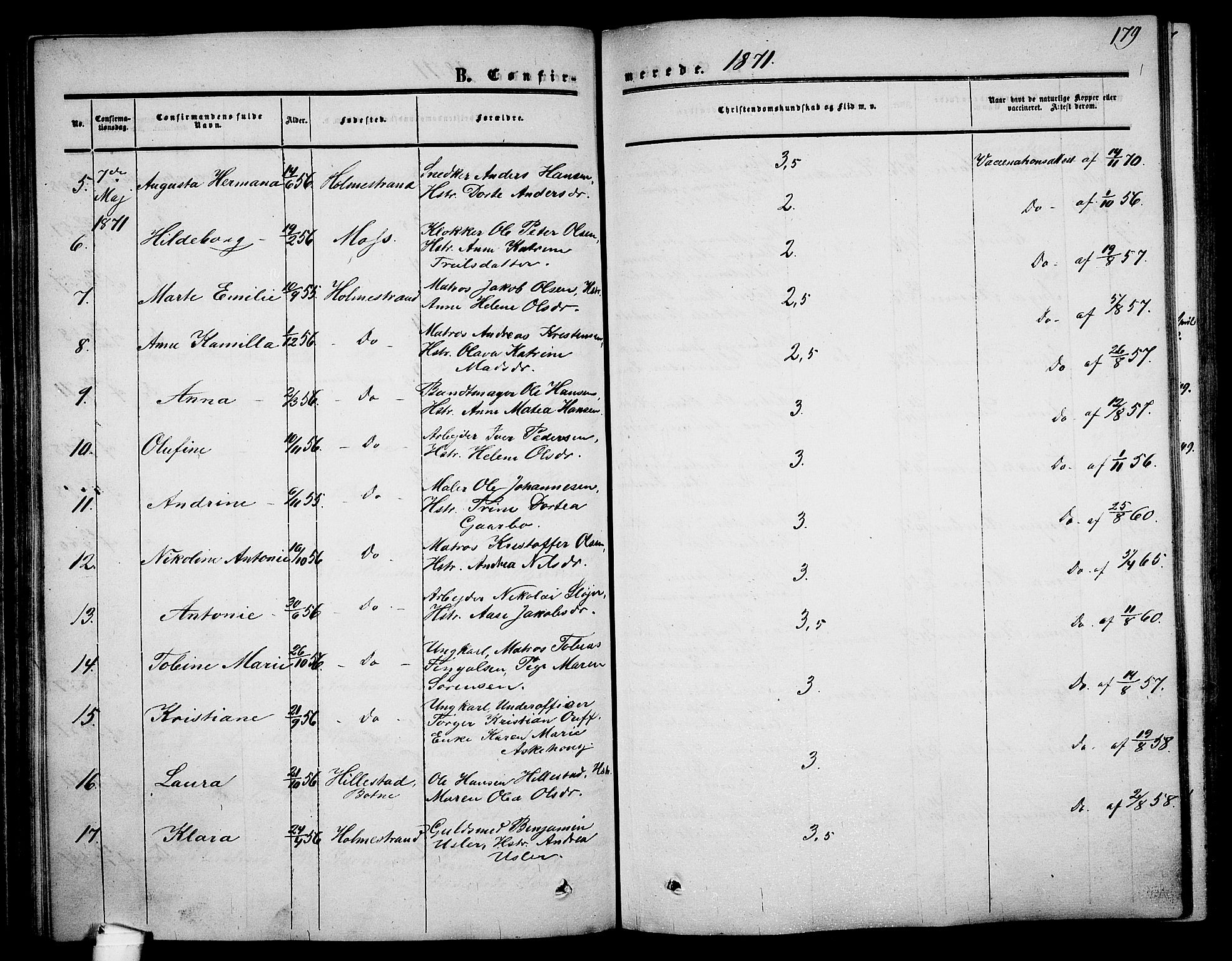 Holmestrand kirkebøker, AV/SAKO-A-346/G/Ga/L0003: Klokkerbok nr. 3, 1849-1874, s. 179