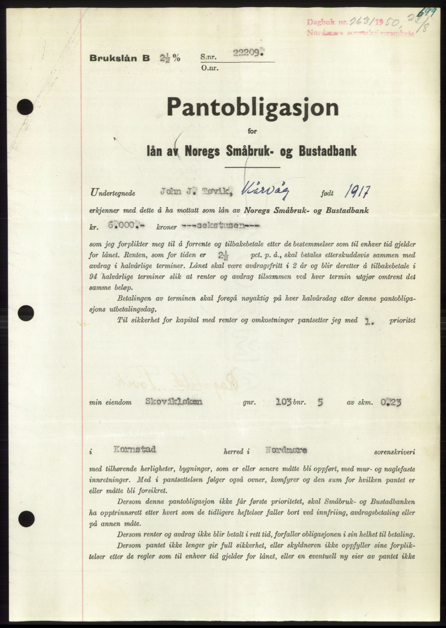 Nordmøre sorenskriveri, AV/SAT-A-4132/1/2/2Ca: Pantebok nr. B105, 1950-1950, Dagboknr: 2631/1950