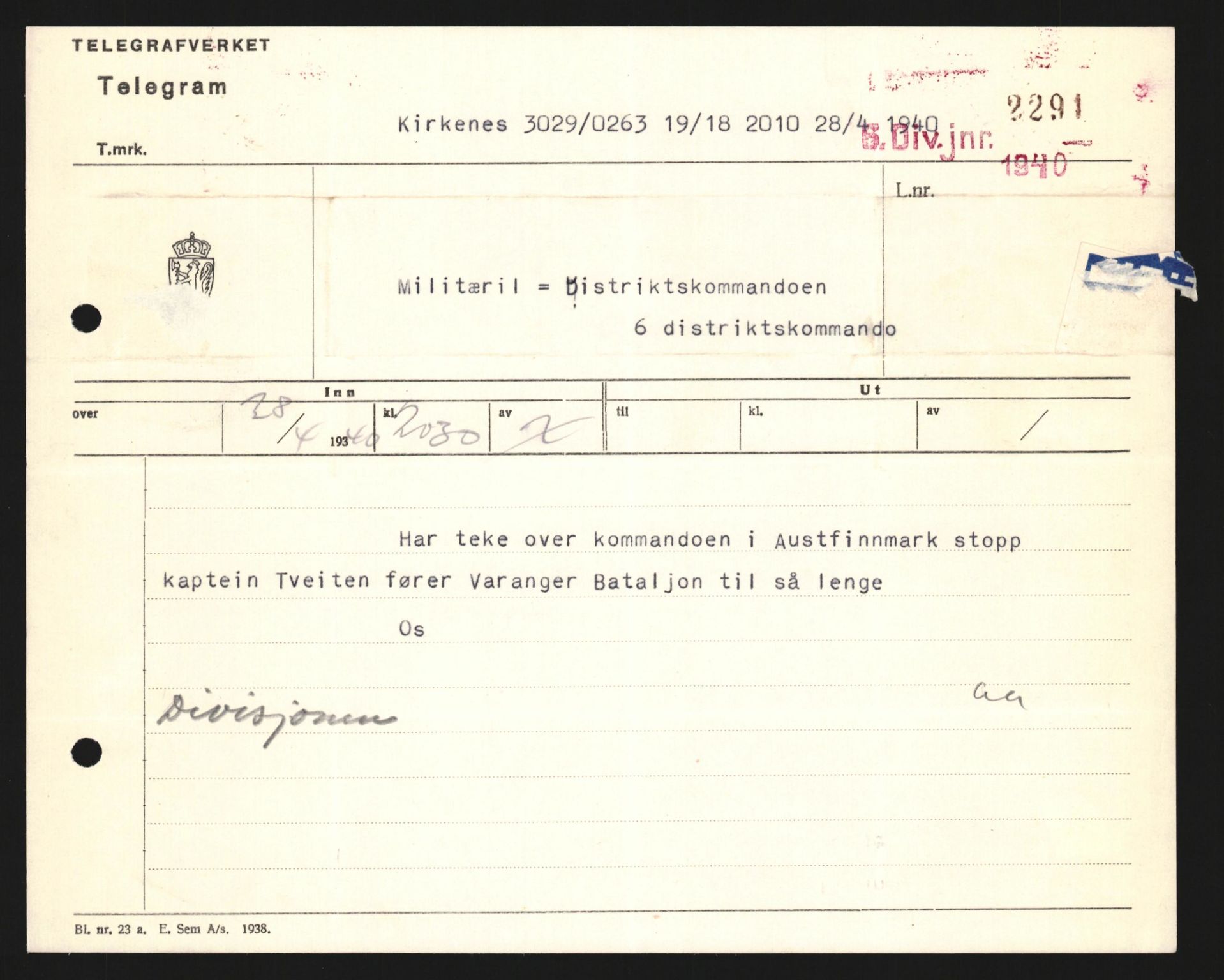 Forsvaret, Forsvarets krigshistoriske avdeling, AV/RA-RAFA-2017/Y/Yb/L0123: II-C-11-600  -  6. Divisjon med avdelinger, 1940, s. 275