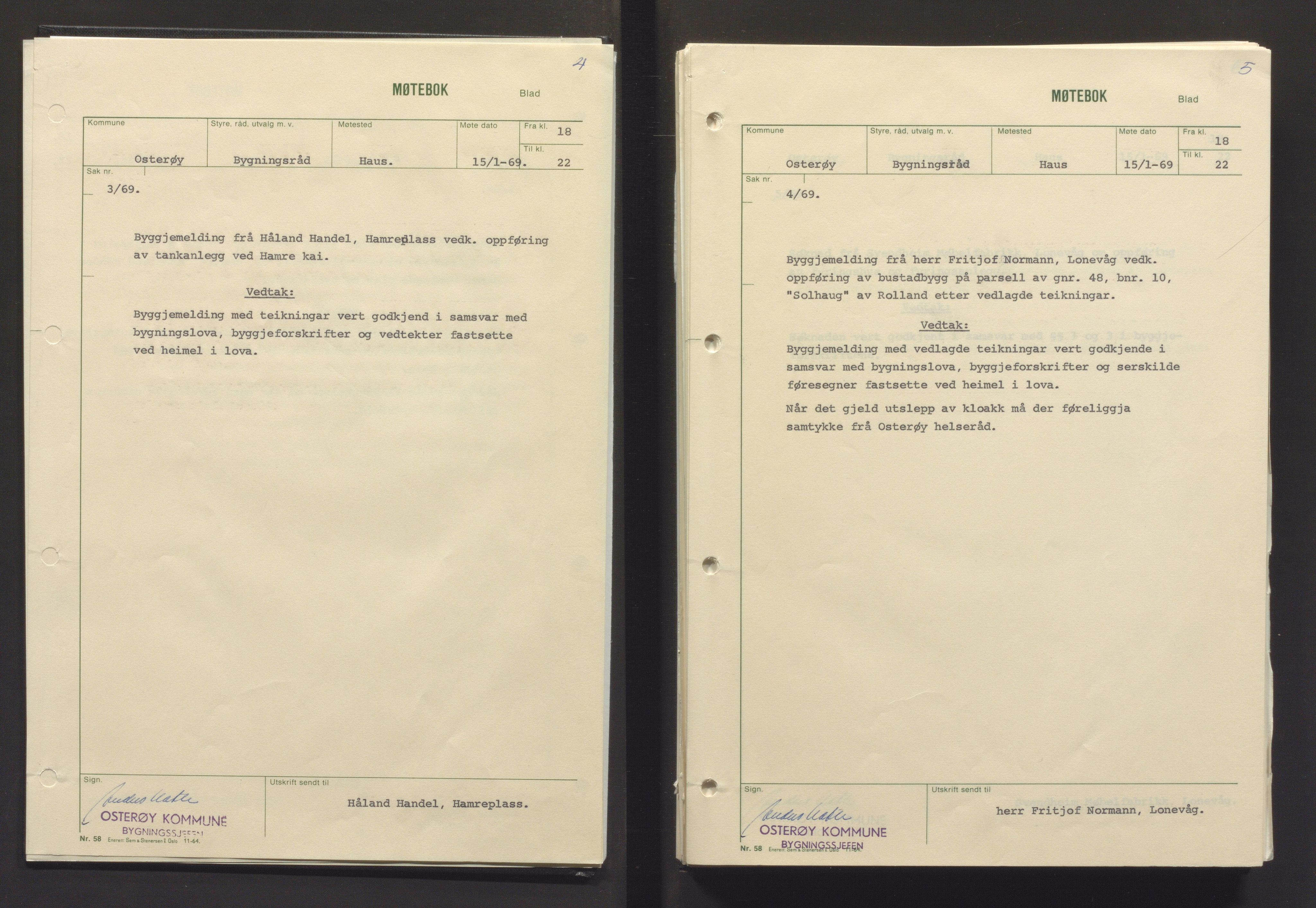 Osterøy kommune. Bygningsrådet, IKAH/1253b-511/A/Aa/L0004: Møtebok Osterøy bygningsråd, 1969