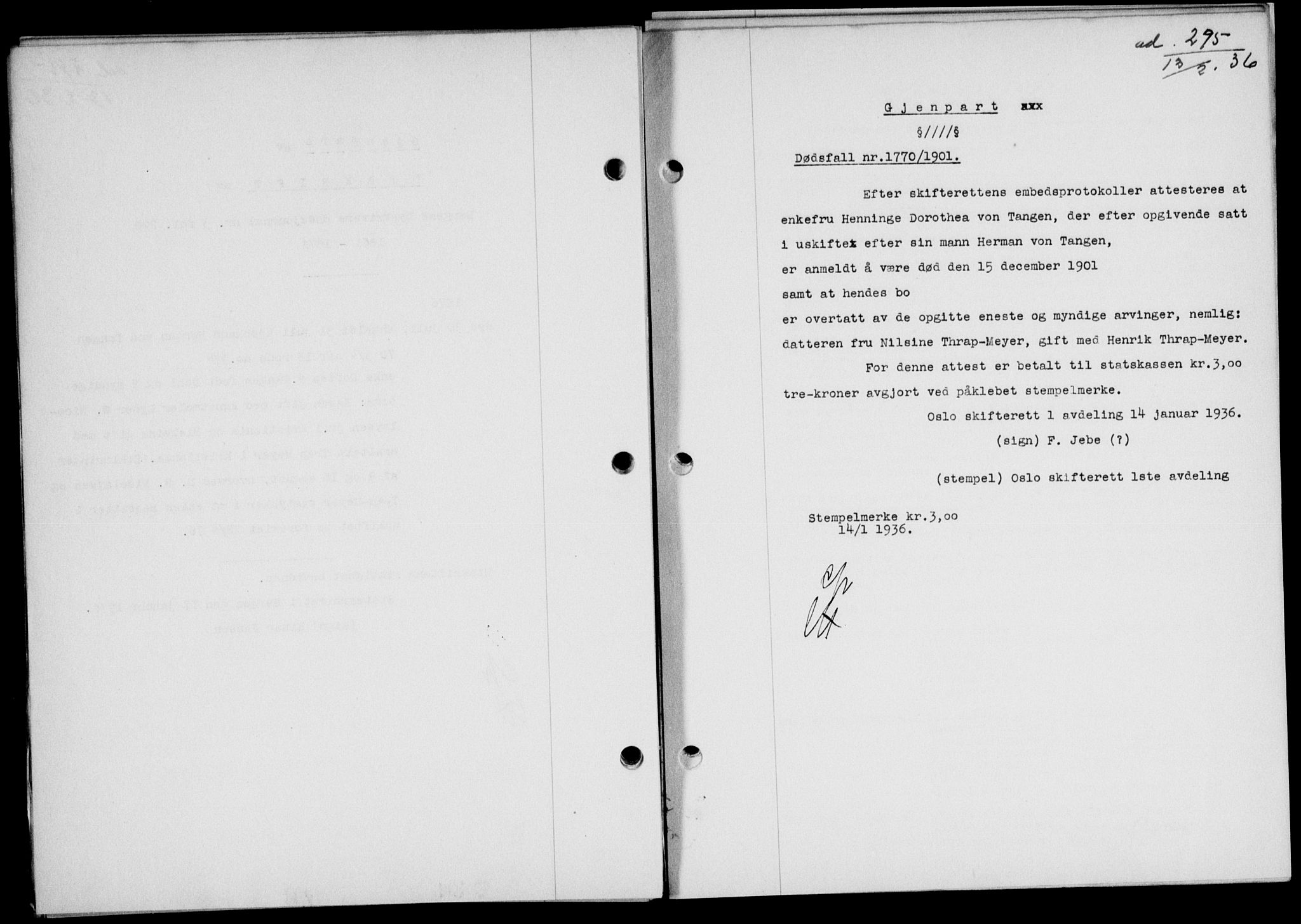 Lofoten sorenskriveri, SAT/A-0017/1/2/2C/L0033b: Pantebok nr. 33b, 1936-1936, Dagboknr: 295/1936