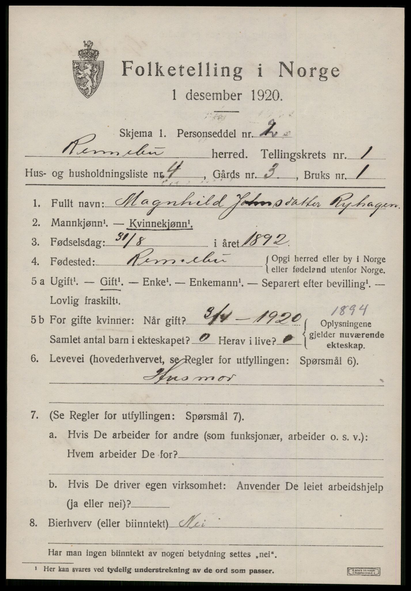 SAT, Folketelling 1920 for 1635 Rennebu herred, 1920, s. 1112