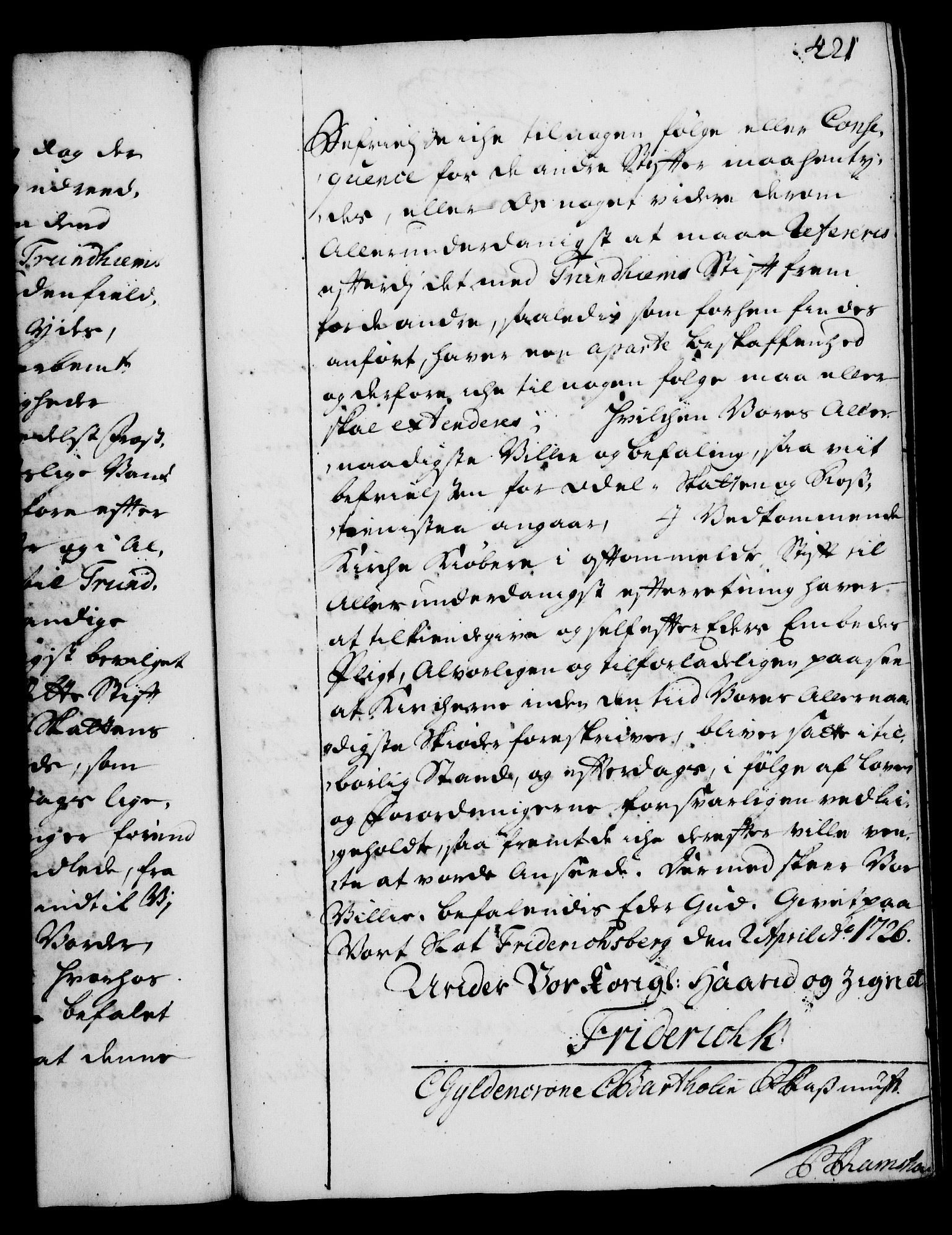 Rentekammeret, Kammerkanselliet, RA/EA-3111/G/Gg/Gga/L0002: Norsk ekspedisjonsprotokoll med register (merket RK 53.2), 1723-1727, s. 421