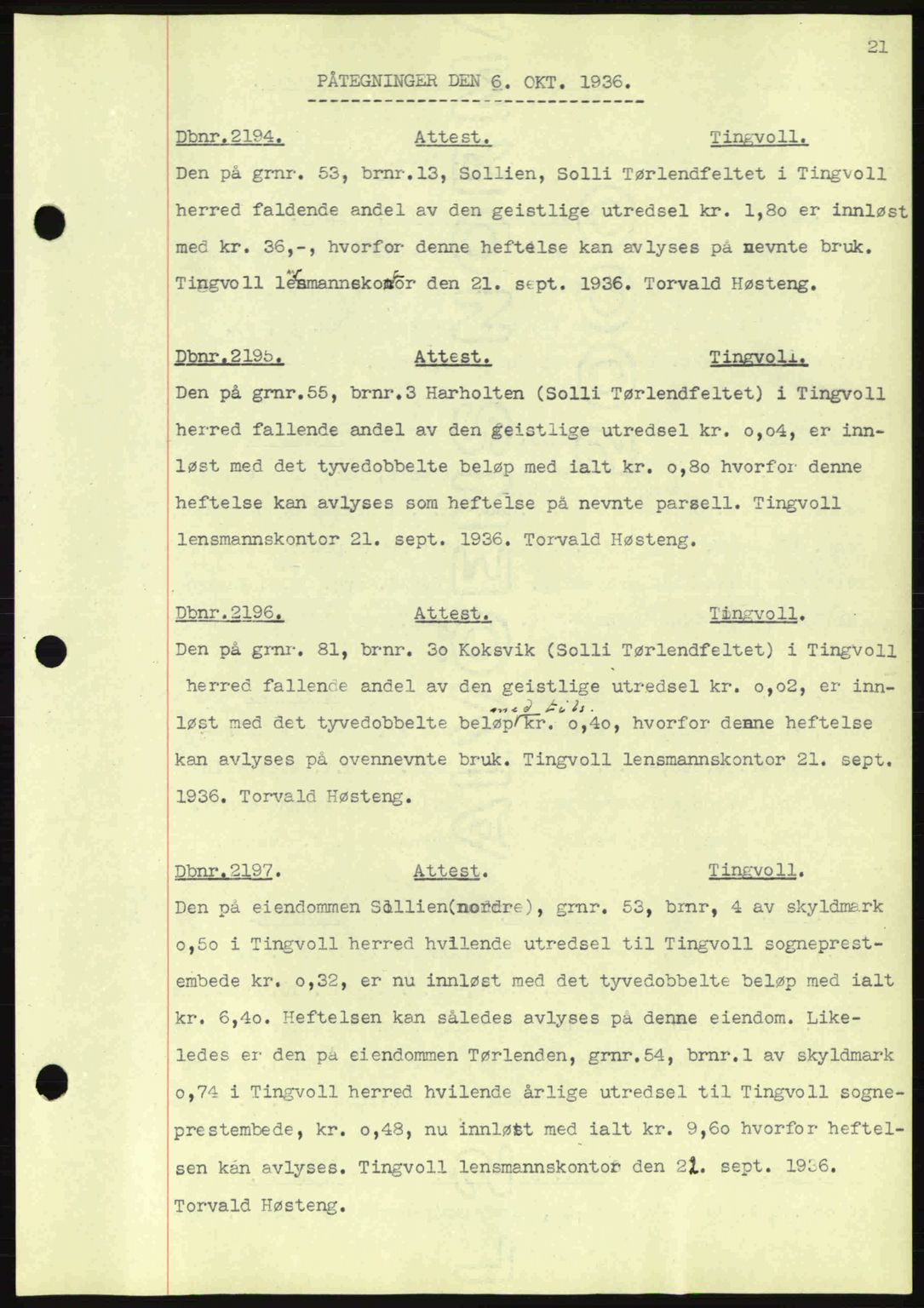 Nordmøre sorenskriveri, SAT/A-4132/1/2/2Ca: Pantebok nr. C80, 1936-1939, Dagboknr: 2194/1936