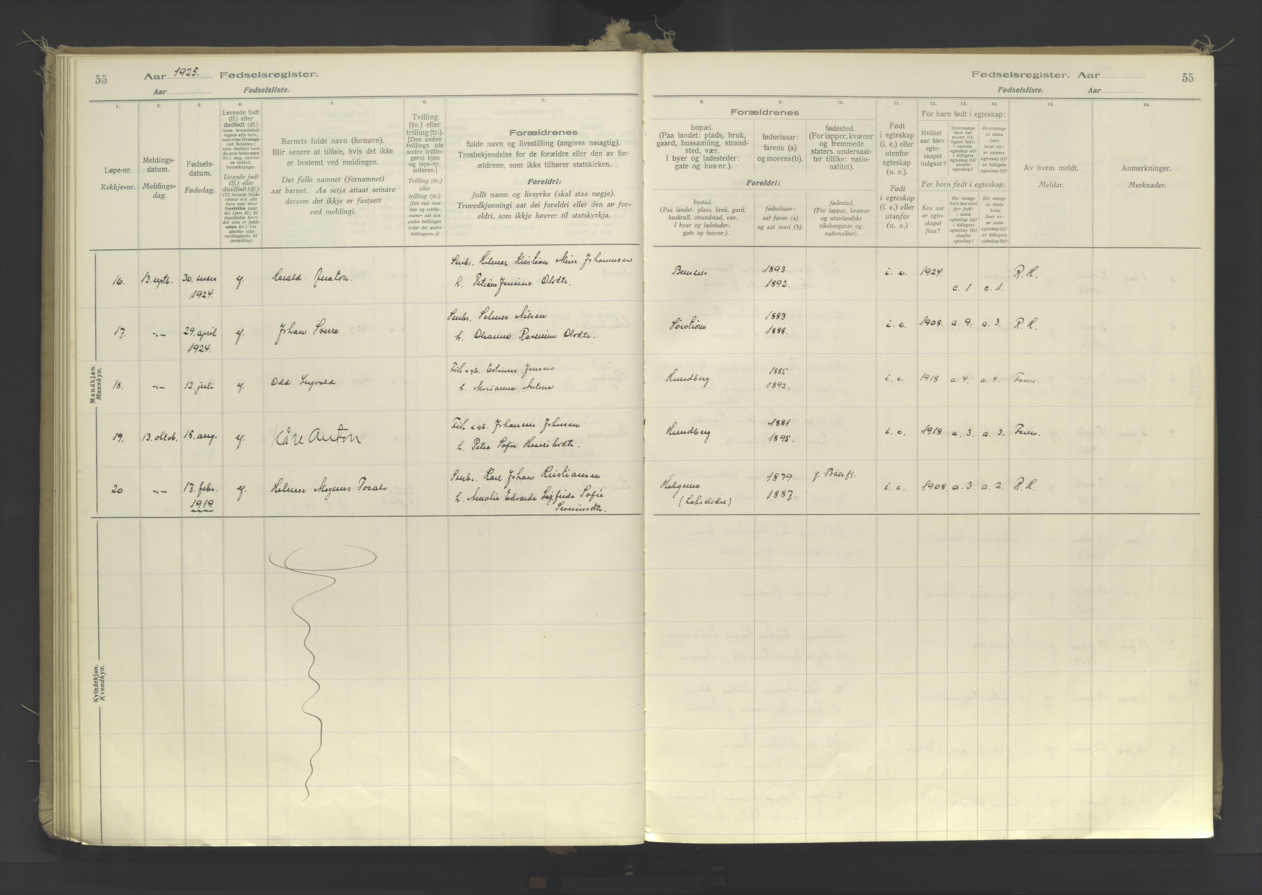 Lyngen sokneprestembete, AV/SATØ-S-1289/I/Ia/L0078: Fødselsregister nr. 78, 1916-1950, s. 55