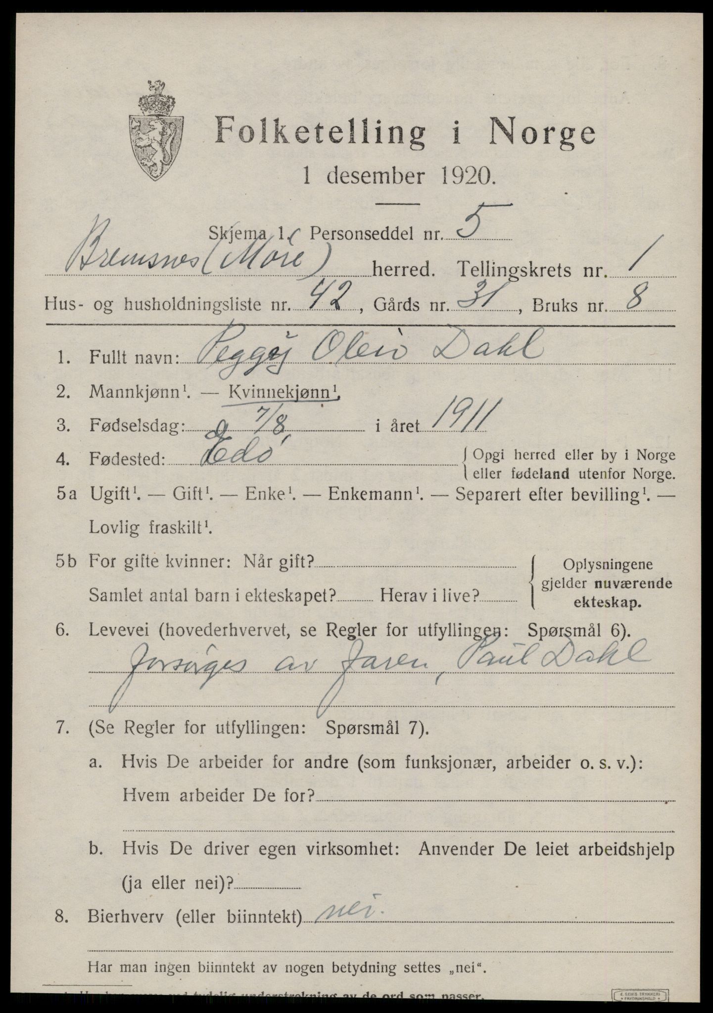 SAT, Folketelling 1920 for 1554 Bremsnes herred, 1920, s. 2021