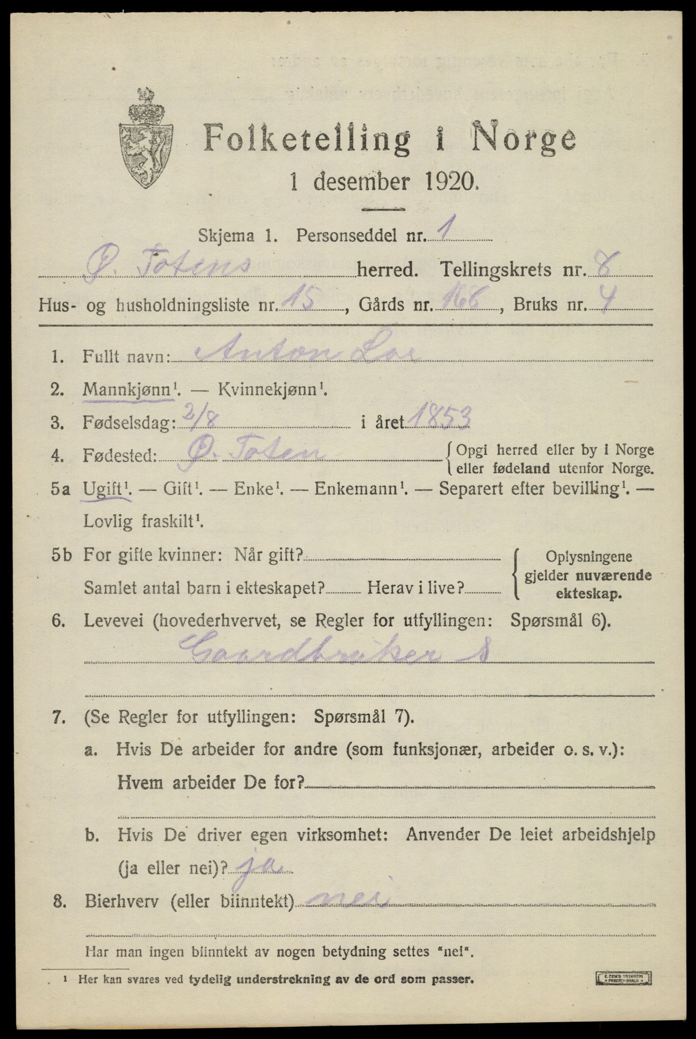 SAH, Folketelling 1920 for 0528 Østre Toten herred, 1920, s. 16074