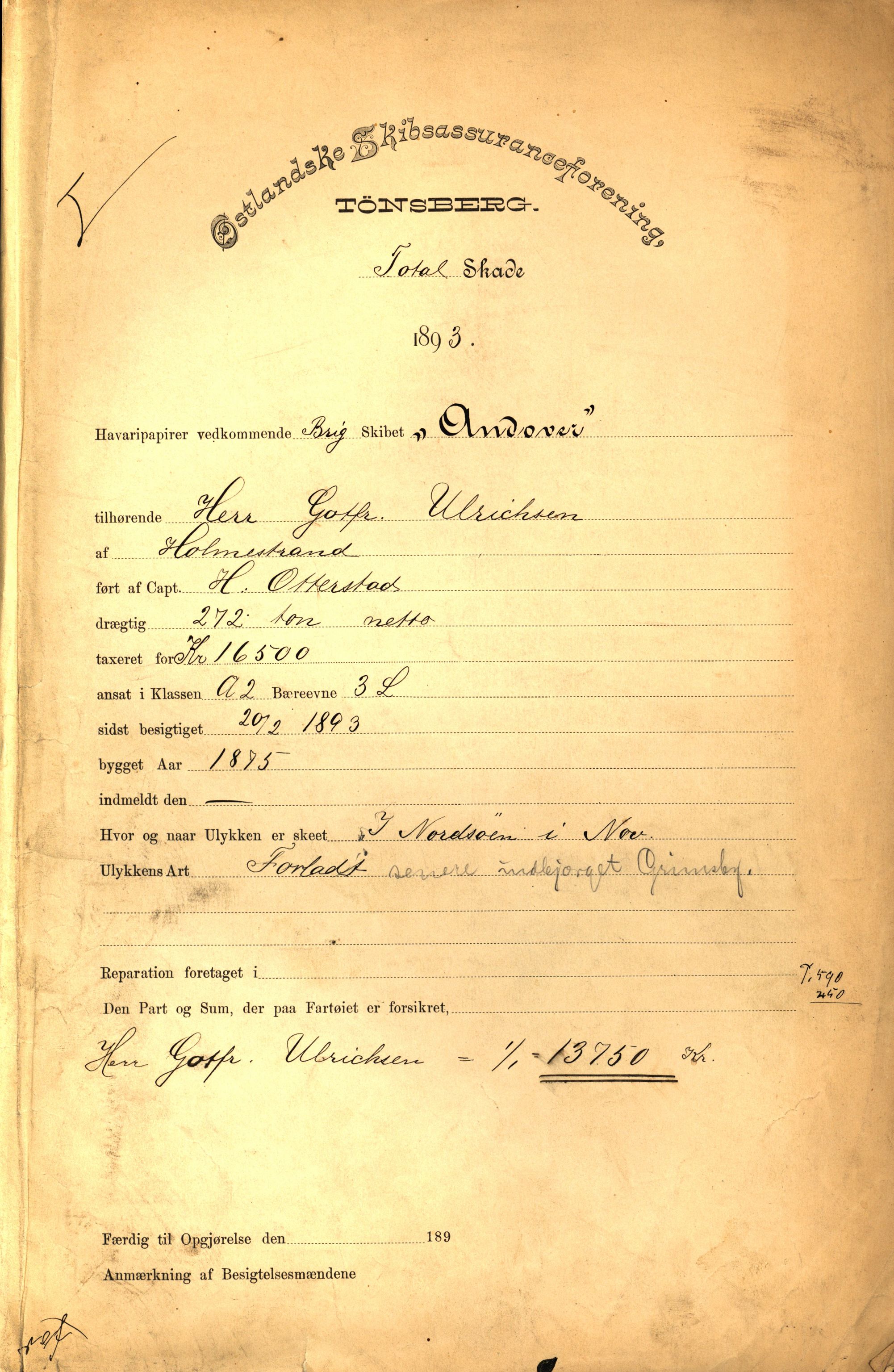 Pa 63 - Østlandske skibsassuranceforening, VEMU/A-1079/G/Ga/L0030/0001: Havaridokumenter / Leif, Korsvei, Margret, Mangerton, Mathilde, Island, Andover, 1893, s. 220