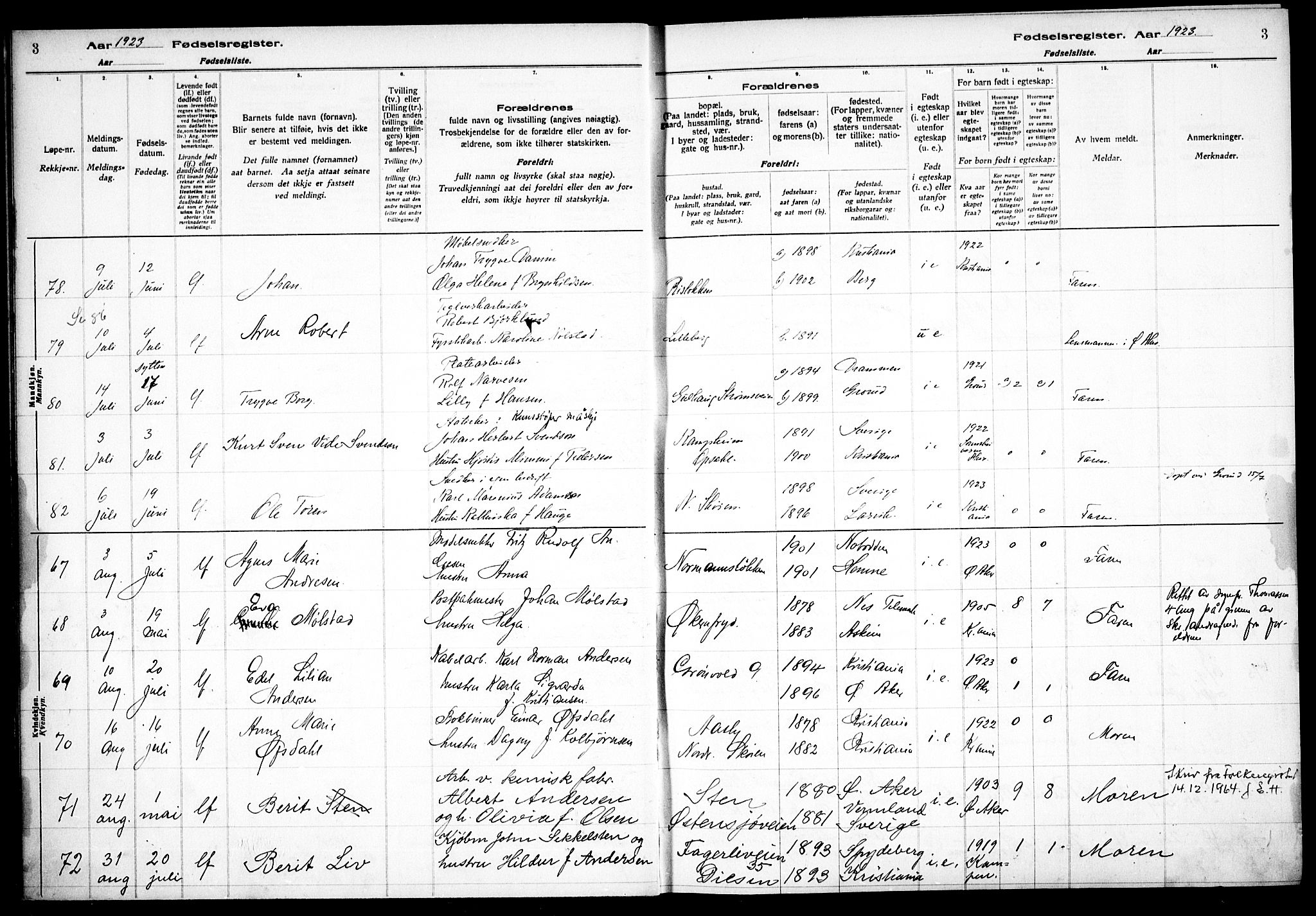 Østre Aker prestekontor Kirkebøker, AV/SAO-A-10840/J/Ja/L0002: Fødselsregister nr. I 2, 1923-1927, s. 3