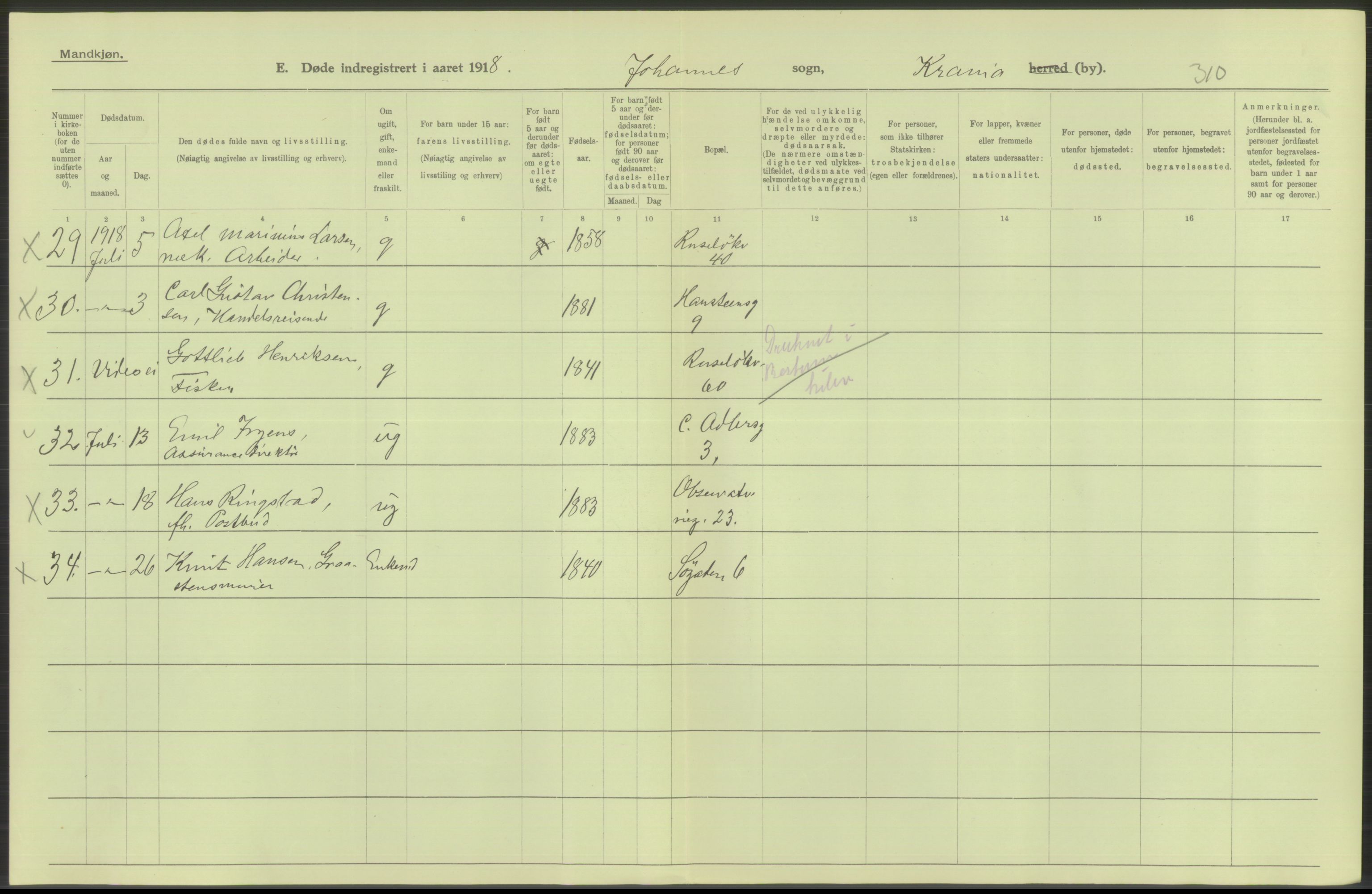 Statistisk sentralbyrå, Sosiodemografiske emner, Befolkning, AV/RA-S-2228/D/Df/Dfb/Dfbh/L0010: Kristiania: Døde, 1918, s. 150