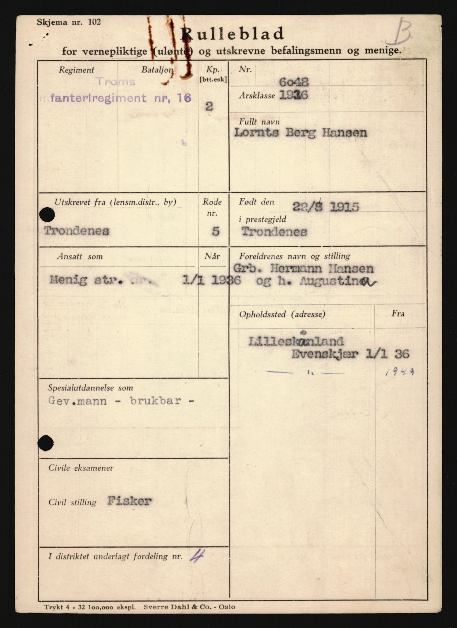 Forsvaret, Troms infanteriregiment nr. 16, AV/RA-RAFA-3146/P/Pa/L0020: Rulleblad for regimentets menige mannskaper, årsklasse 1936, 1936, s. 125