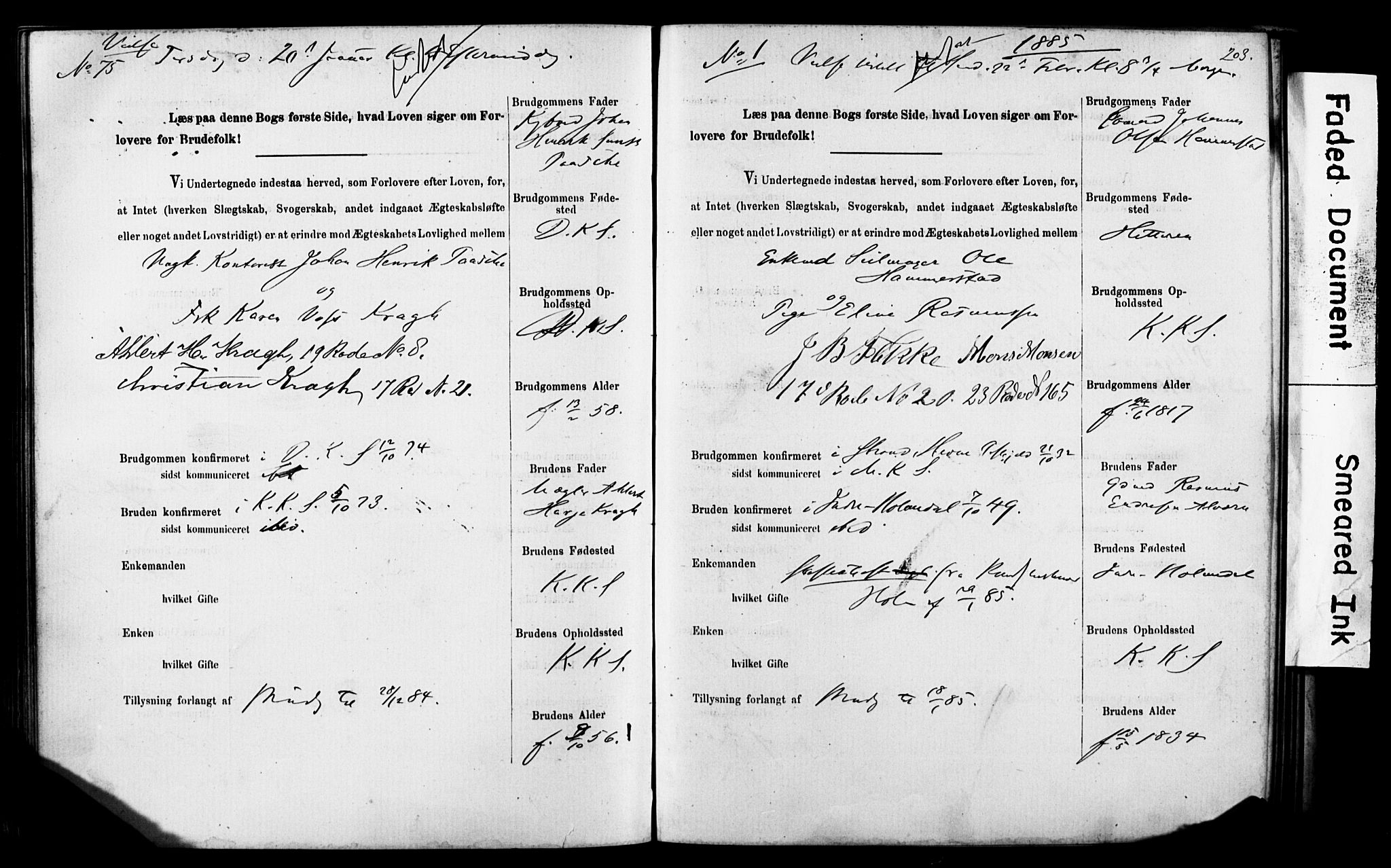 Korskirken sokneprestembete, SAB/A-76101: Forlovererklæringer nr. II.5.5, 1878-1889, s. 203
