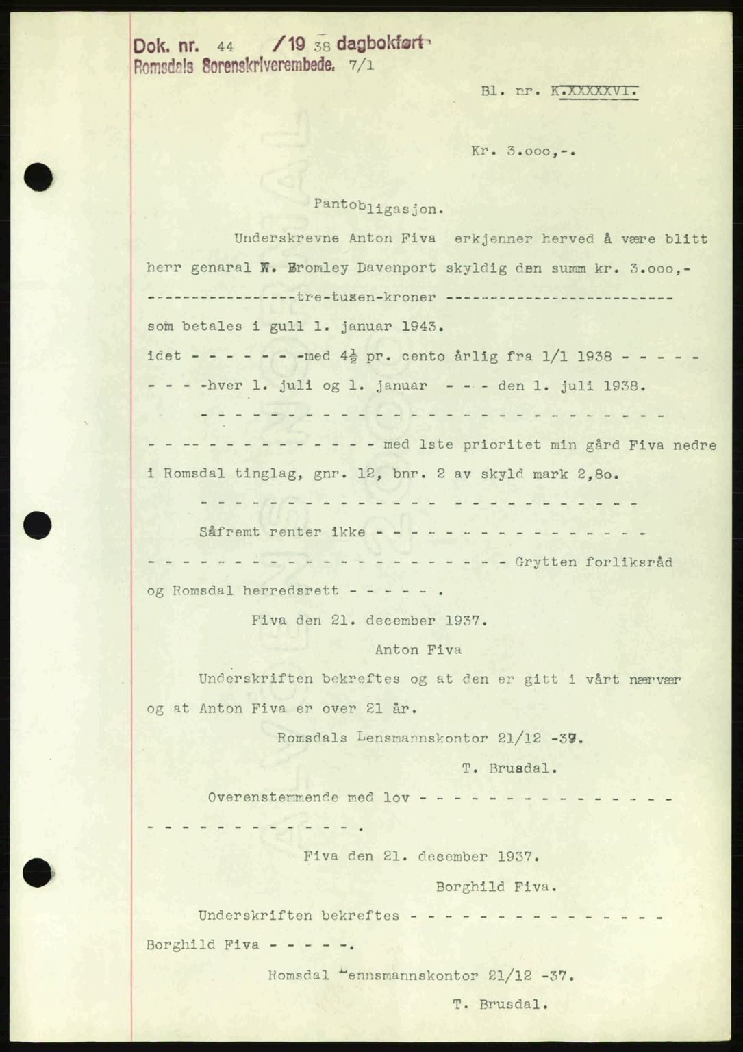 Romsdal sorenskriveri, SAT/A-4149/1/2/2C: Pantebok nr. B1, 1936-1939, Dagboknr: 44/1938