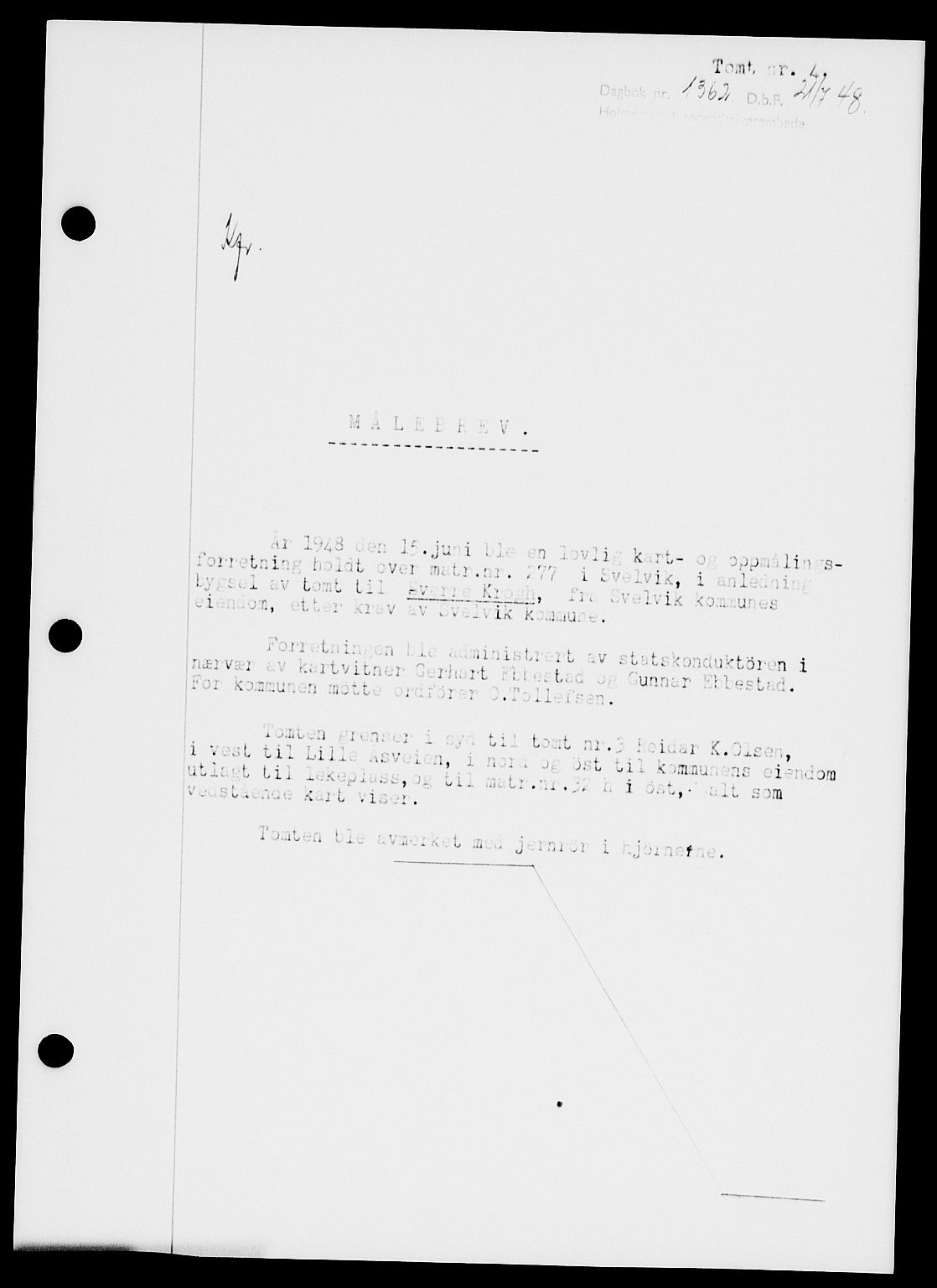 Holmestrand sorenskriveri, SAKO/A-67/G/Ga/Gaa/L0064: Pantebok nr. A-64, 1948-1948, Dagboknr: 1362/1948