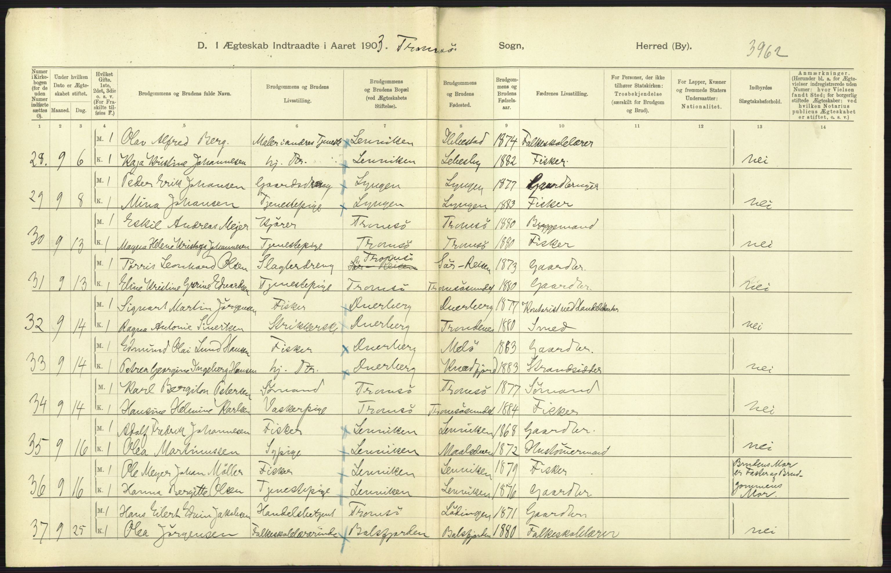 Statistisk sentralbyrå, Sosiodemografiske emner, Befolkning, AV/RA-S-2228/D/Df/Dfa/Dfaa/L0021: Tromsø amt: Fødte, gifte, døde., 1903, s. 373