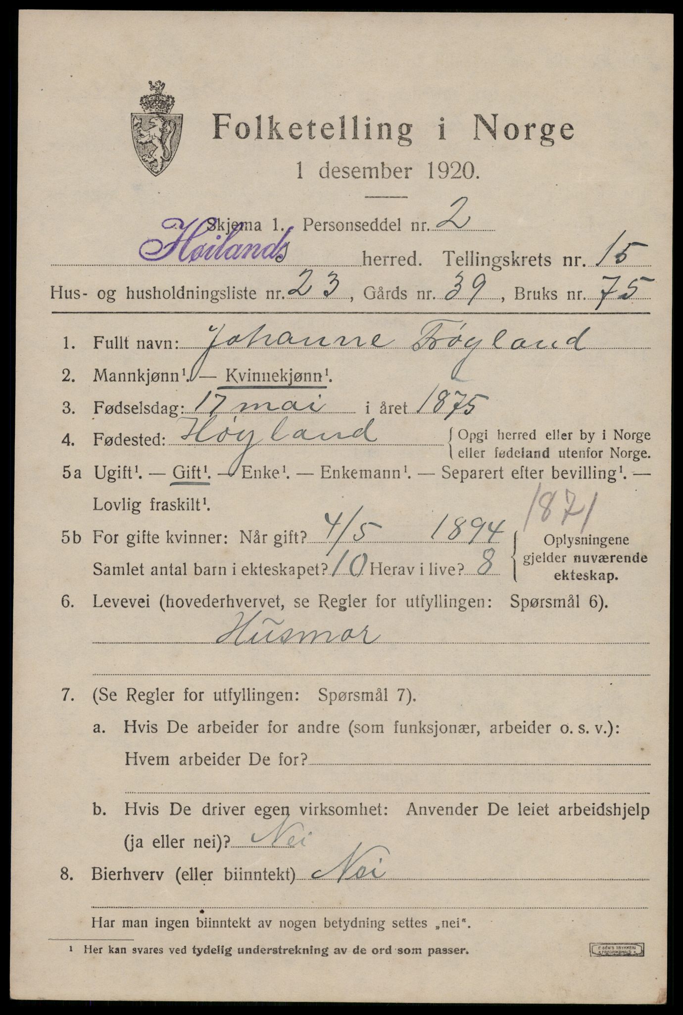 SAST, Folketelling 1920 for 1123 Høyland herred, 1920, s. 13936