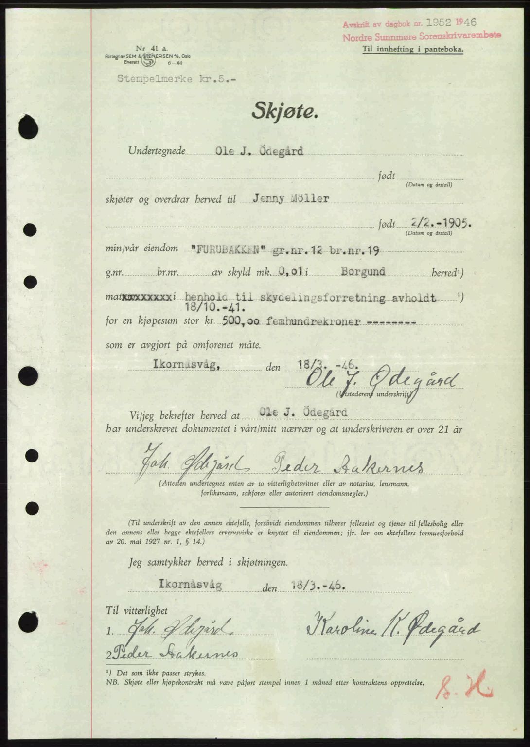 Nordre Sunnmøre sorenskriveri, AV/SAT-A-0006/1/2/2C/2Ca: Pantebok nr. A23, 1946-1947, Dagboknr: 1952/1946