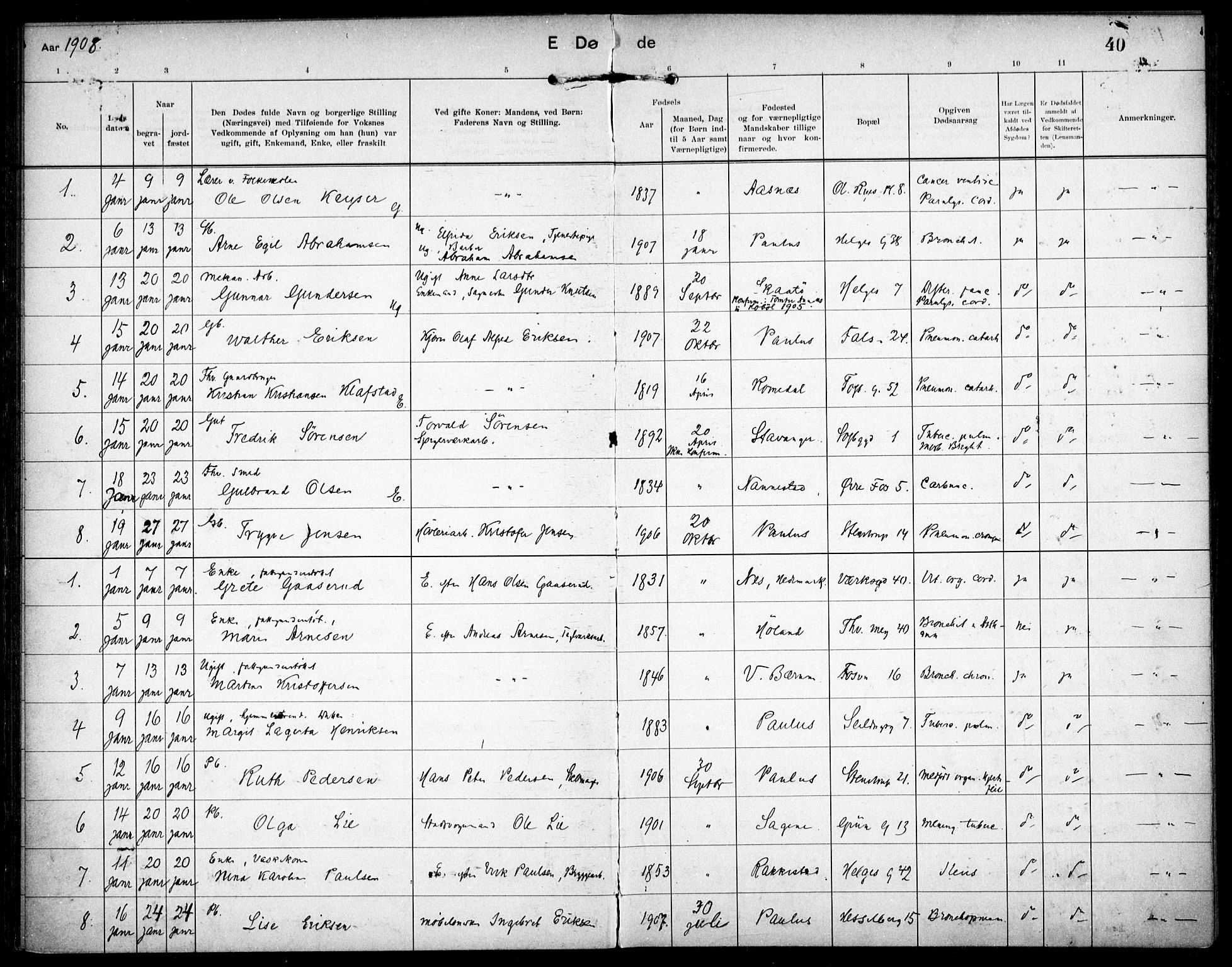 Paulus prestekontor Kirkebøker, AV/SAO-A-10871/F/Fa/L0018: Ministerialbok nr. 18, 1906-1915, s. 40