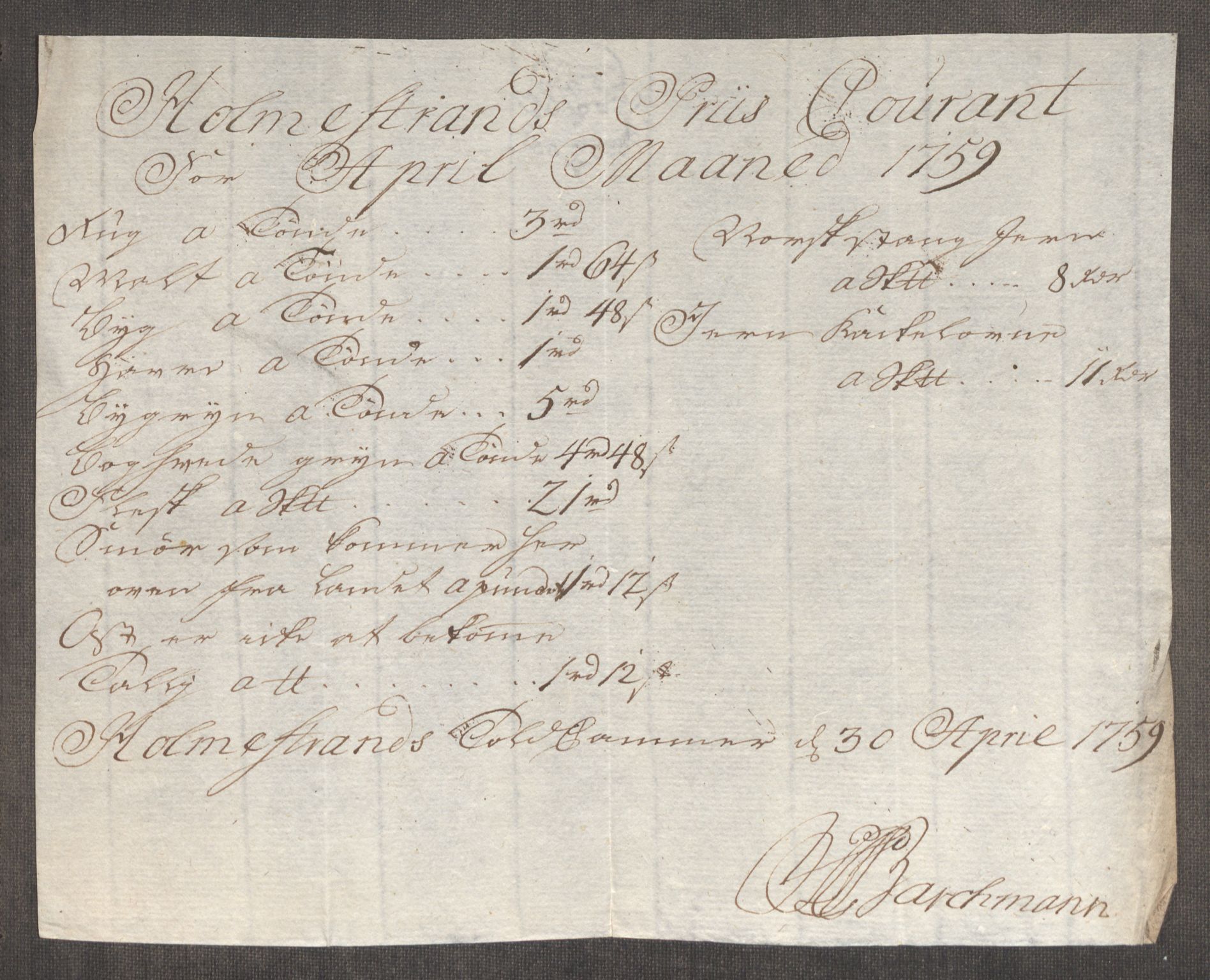 Rentekammeret inntil 1814, Realistisk ordnet avdeling, RA/EA-4070/Oe/L0006: [Ø1]: Priskuranter, 1758-1760, s. 483