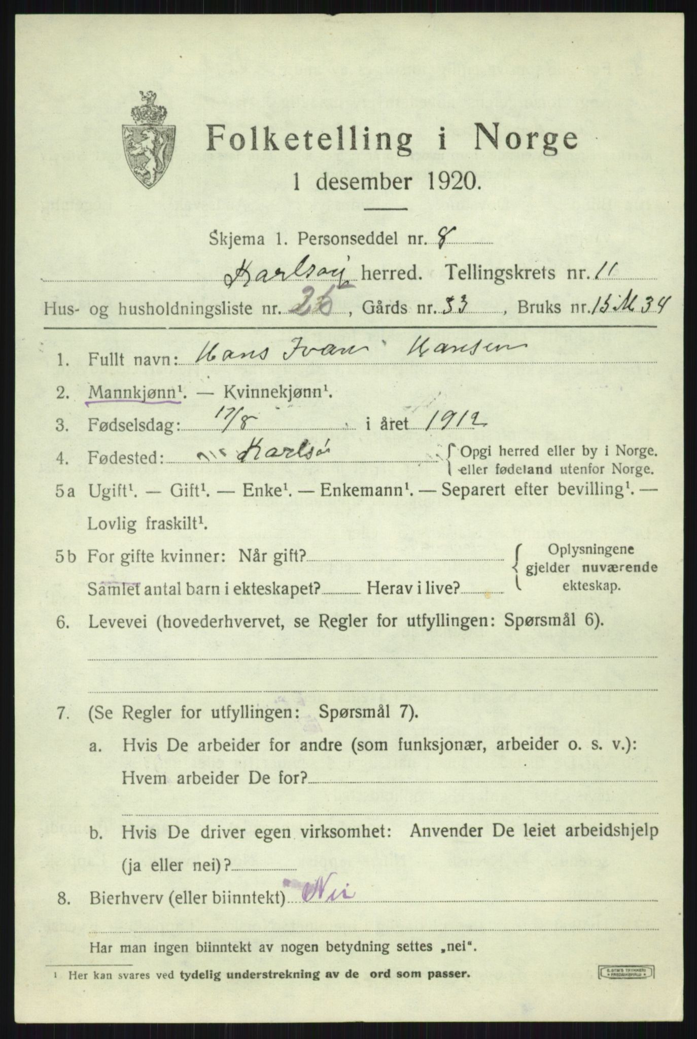 SATØ, Folketelling 1920 for 1936 Karlsøy herred, 1920, s. 4278