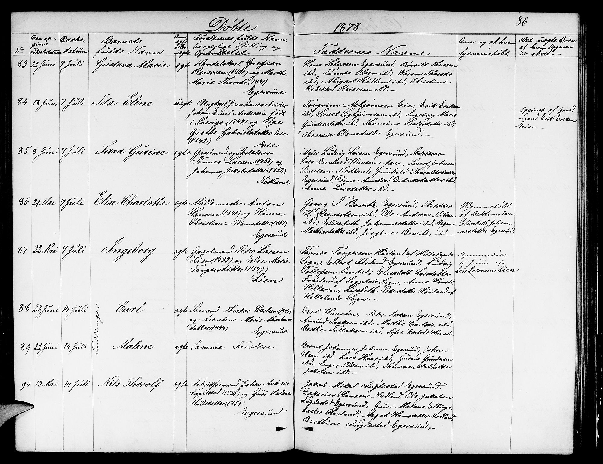 Eigersund sokneprestkontor, AV/SAST-A-101807/S09/L0005: Klokkerbok nr. B 5, 1872-1881, s. 86
