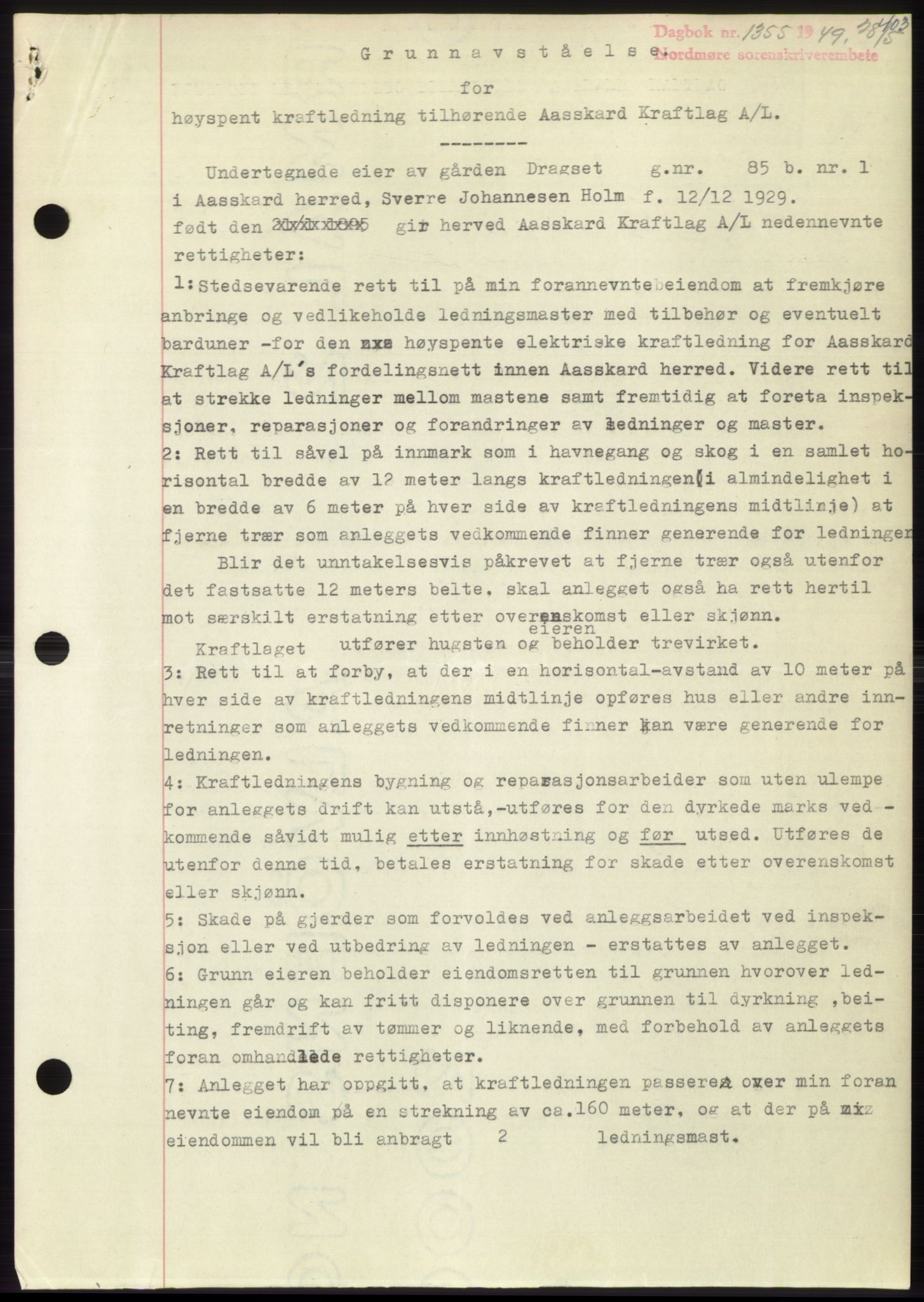Nordmøre sorenskriveri, SAT/A-4132/1/2/2Ca: Pantebok nr. B101, 1949-1949, Dagboknr: 1355/1949