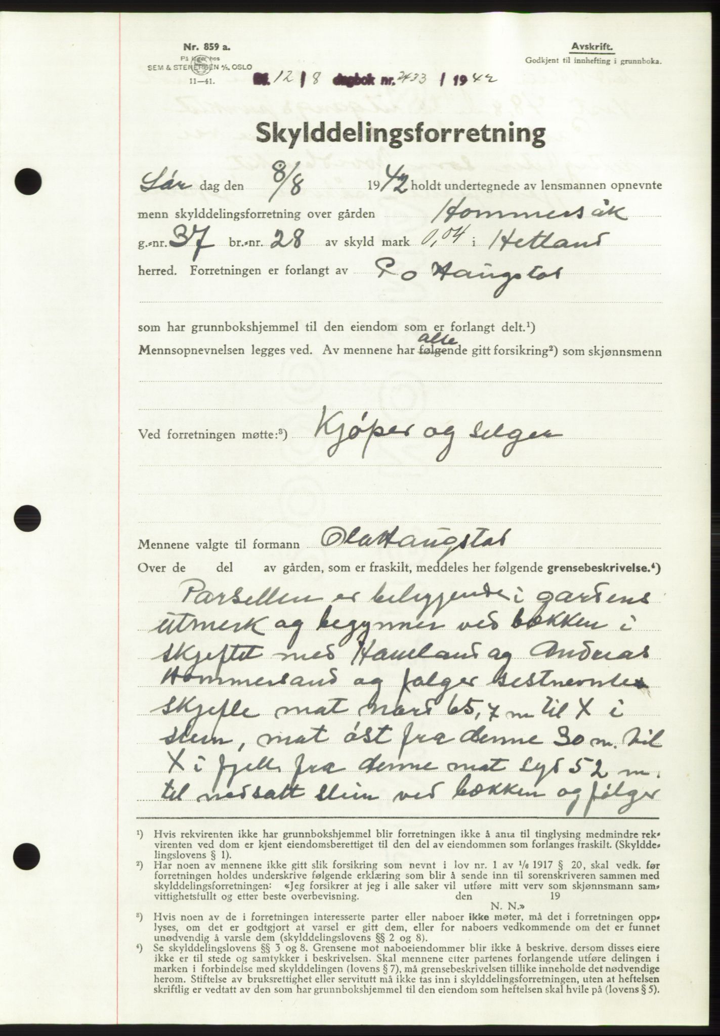 Jæren sorenskriveri, SAST/A-100310/03/G/Gba/L0083: Pantebok, 1942-1942, Dagboknr: 2433/1942