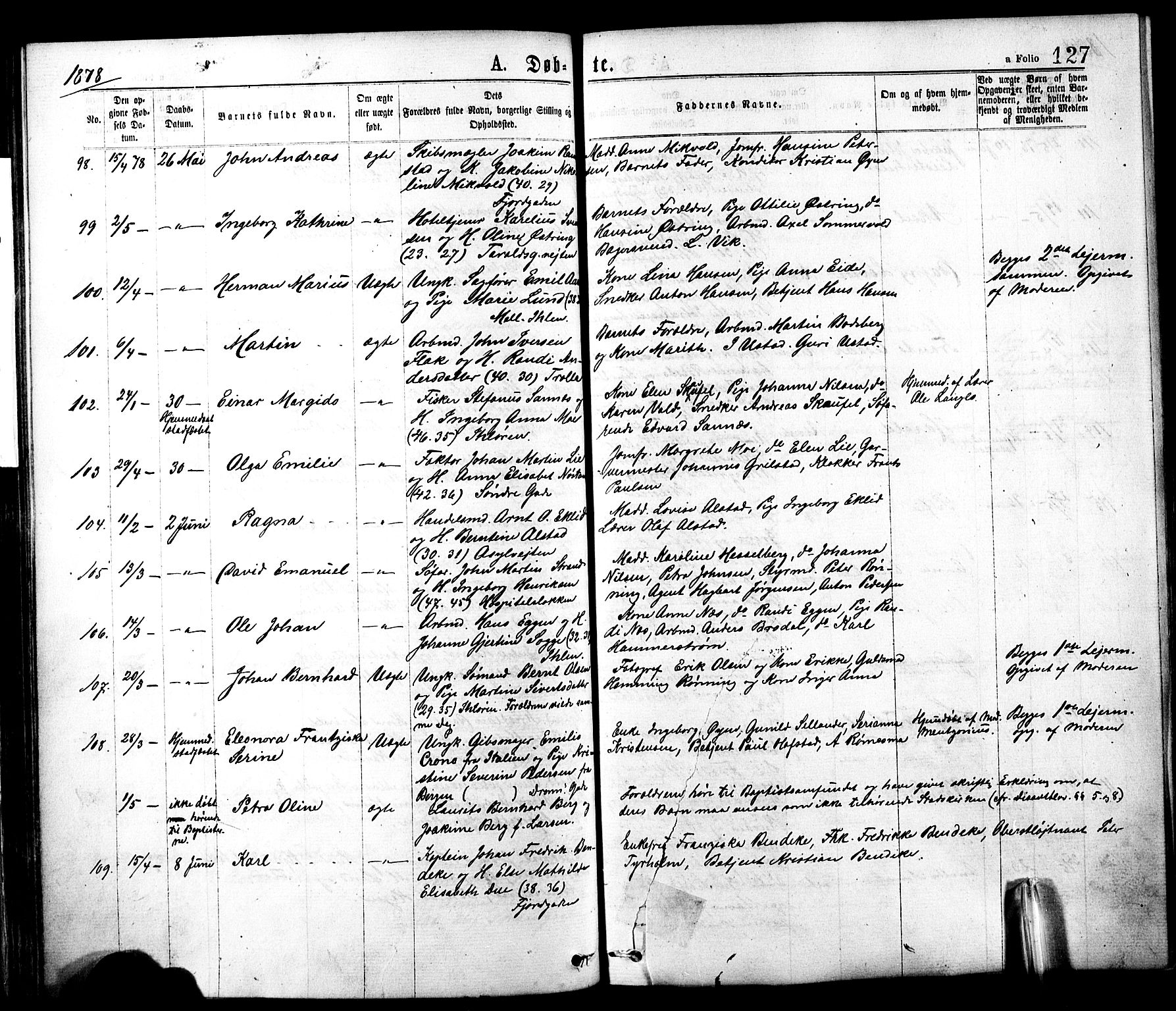 Ministerialprotokoller, klokkerbøker og fødselsregistre - Sør-Trøndelag, SAT/A-1456/602/L0118: Ministerialbok nr. 602A16, 1873-1879, s. 127