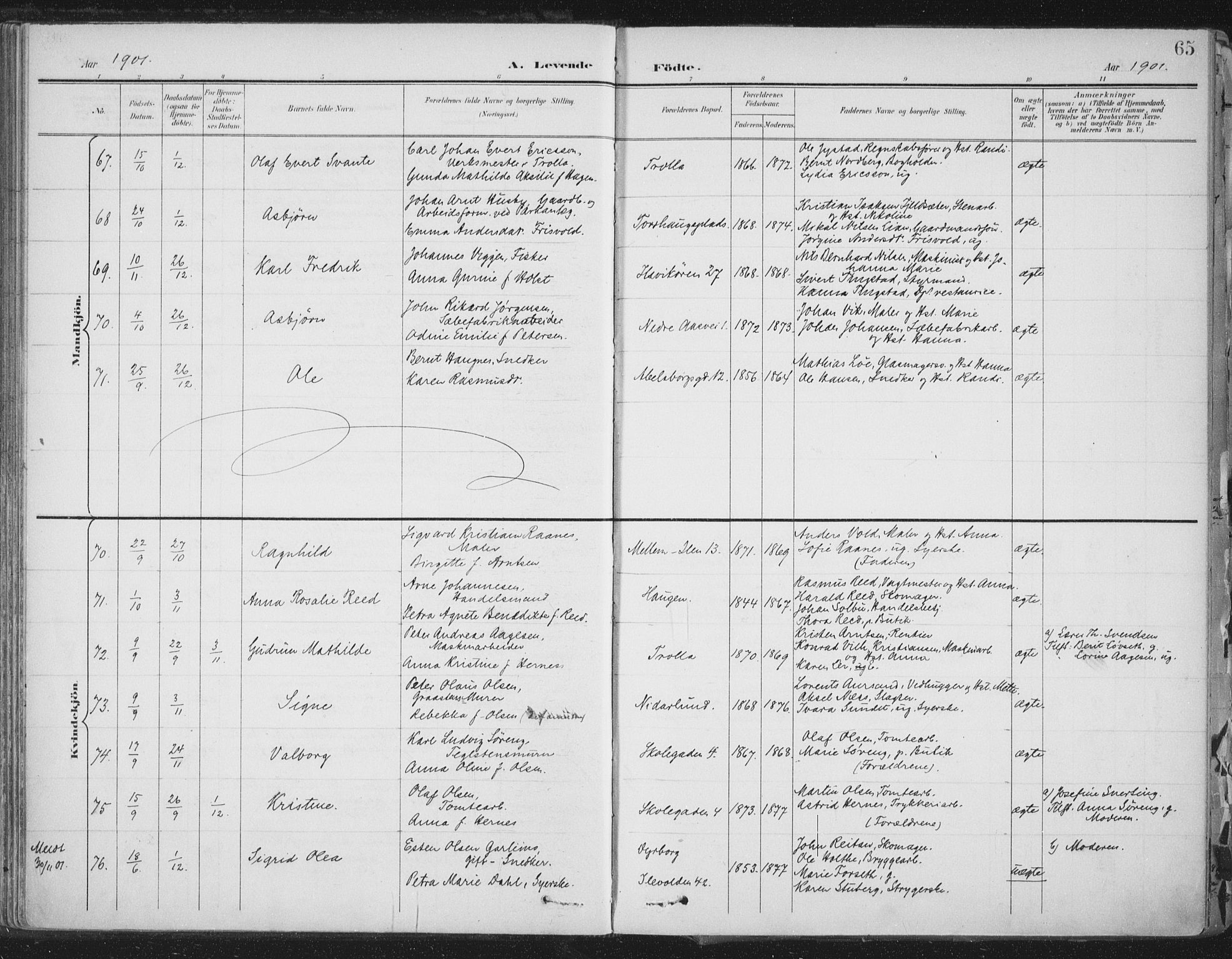 Ministerialprotokoller, klokkerbøker og fødselsregistre - Sør-Trøndelag, SAT/A-1456/603/L0167: Ministerialbok nr. 603A06, 1896-1932, s. 65