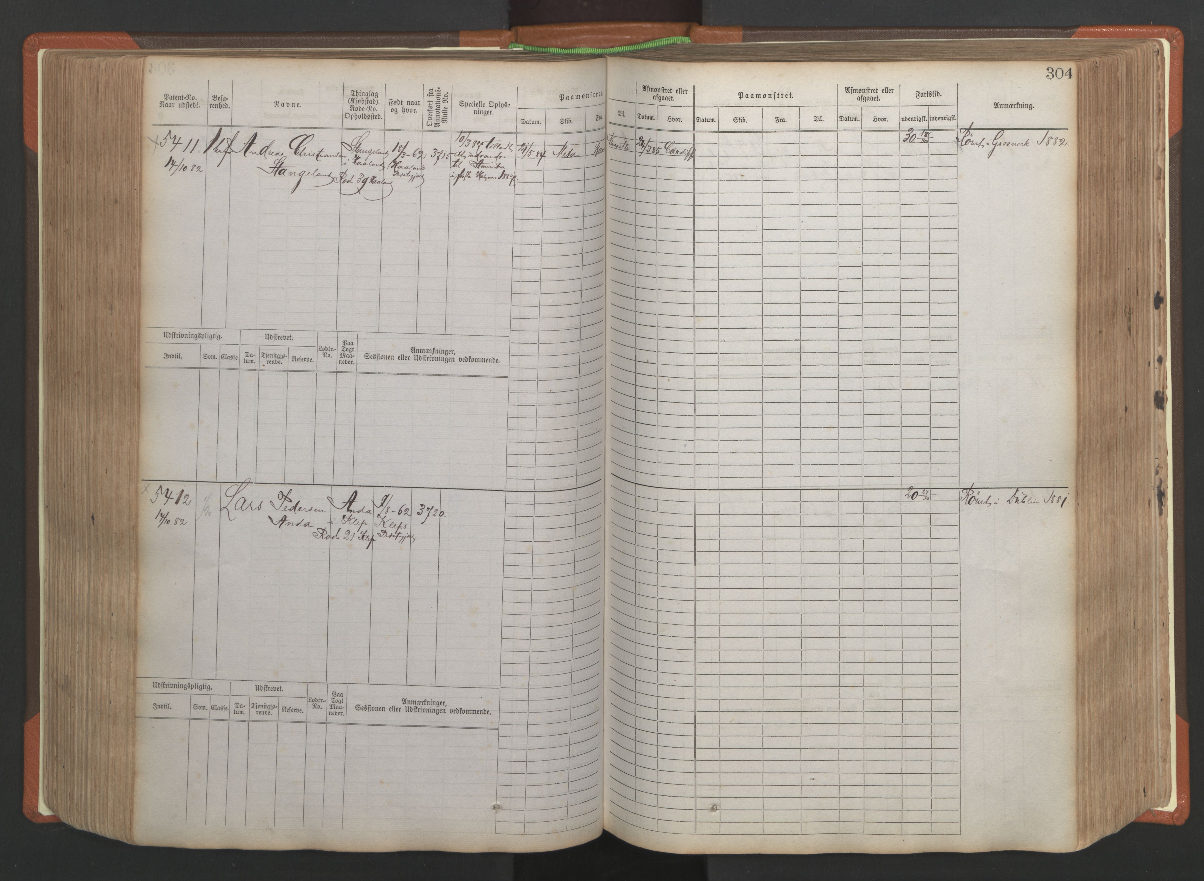 Stavanger sjømannskontor, AV/SAST-A-102006/F/Fb/Fbb/L0009: Sjøfartshovedrulle, patentnr. 4805-6006, 1879-1887, s. 310