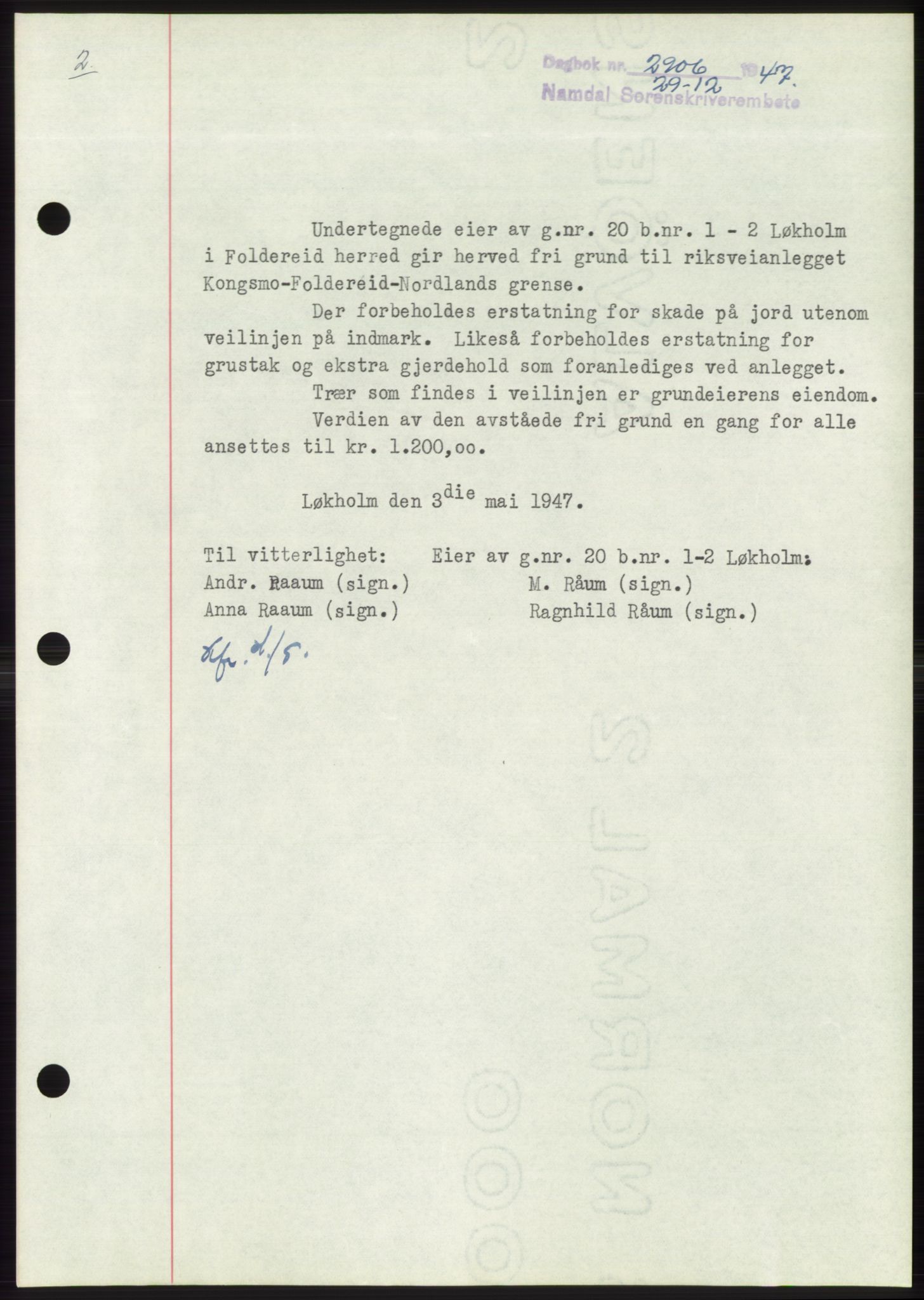 Namdal sorenskriveri, SAT/A-4133/1/2/2C: Pantebok nr. -, 1947-1948, Dagboknr: 2906/1947