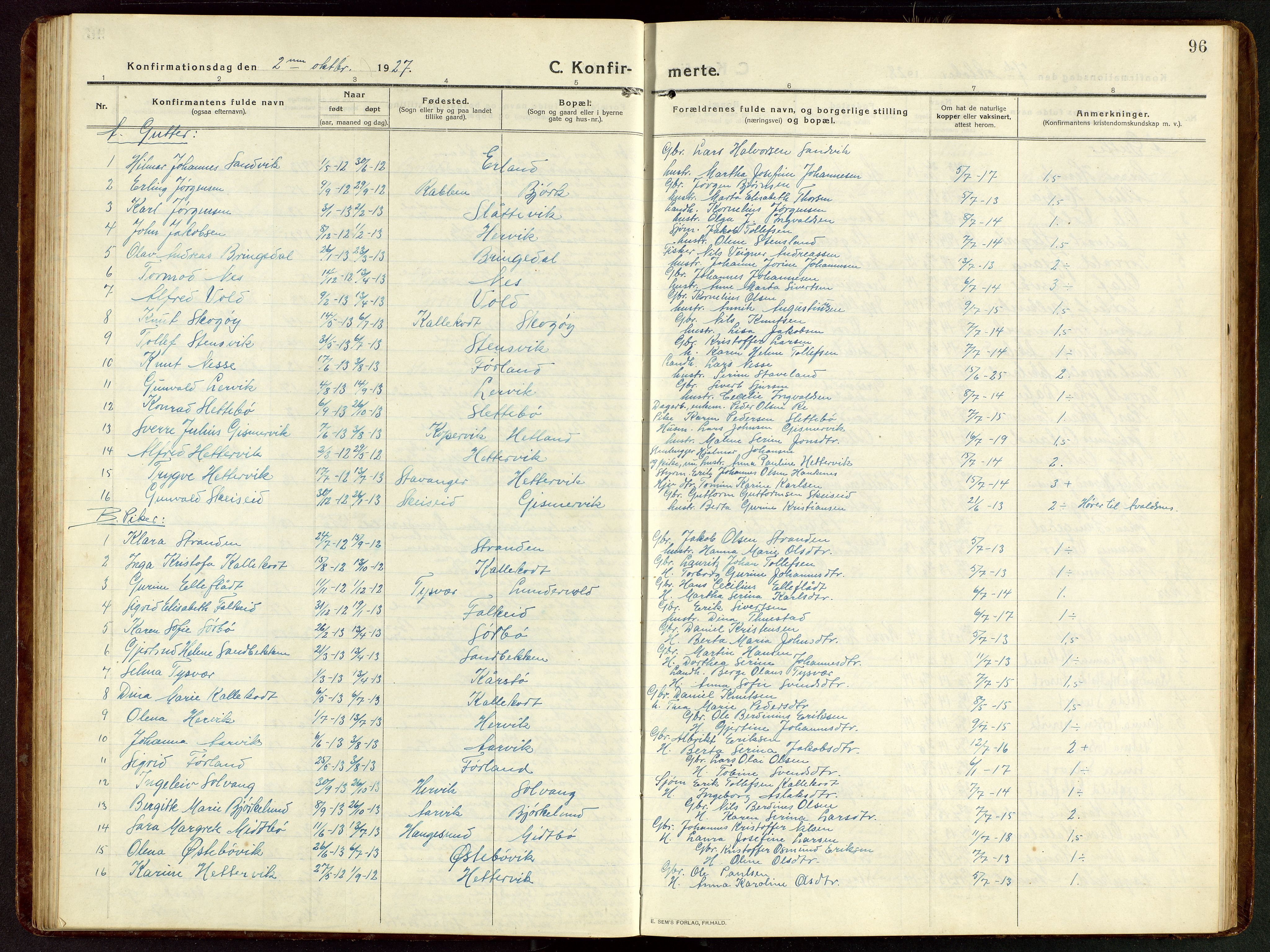 Tysvær sokneprestkontor, SAST/A -101864/H/Ha/Hab/L0011: Klokkerbok nr. B 11, 1913-1946, s. 96